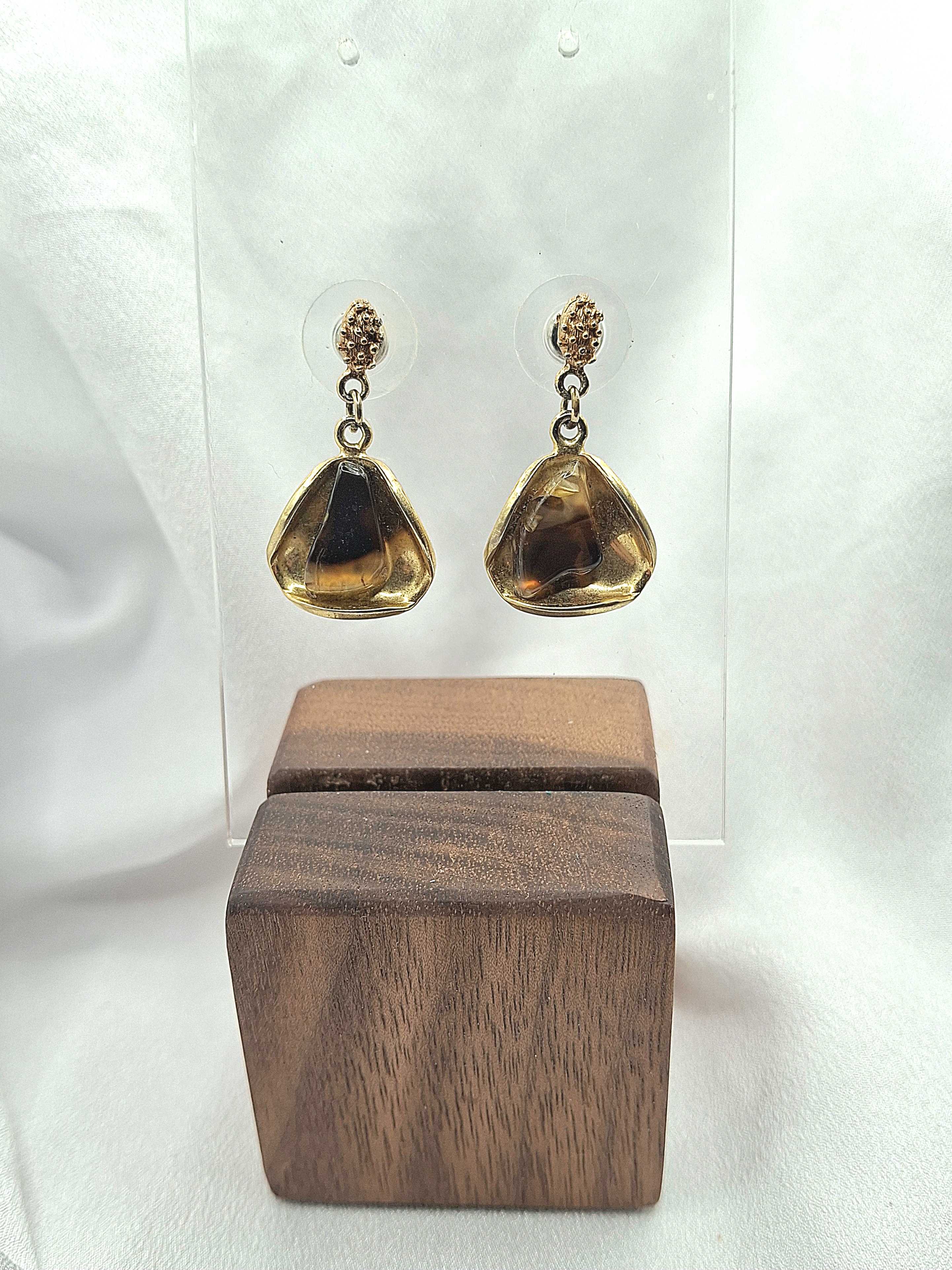 Image 2 for Vintage Gold Tone Dangle Earrings with Brown Stone