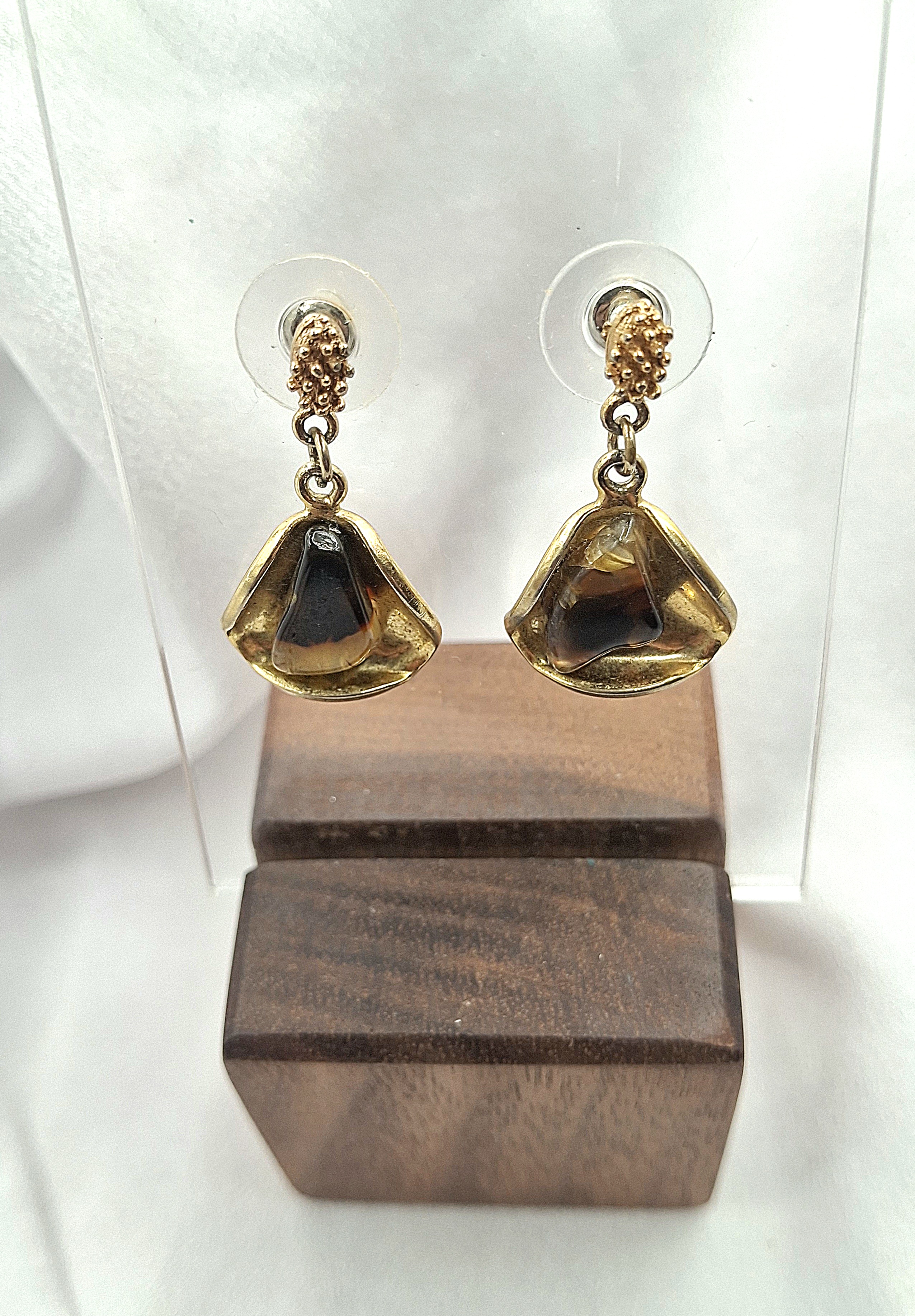Vintage Gold Tone Dangle Earrings with Brown Stone