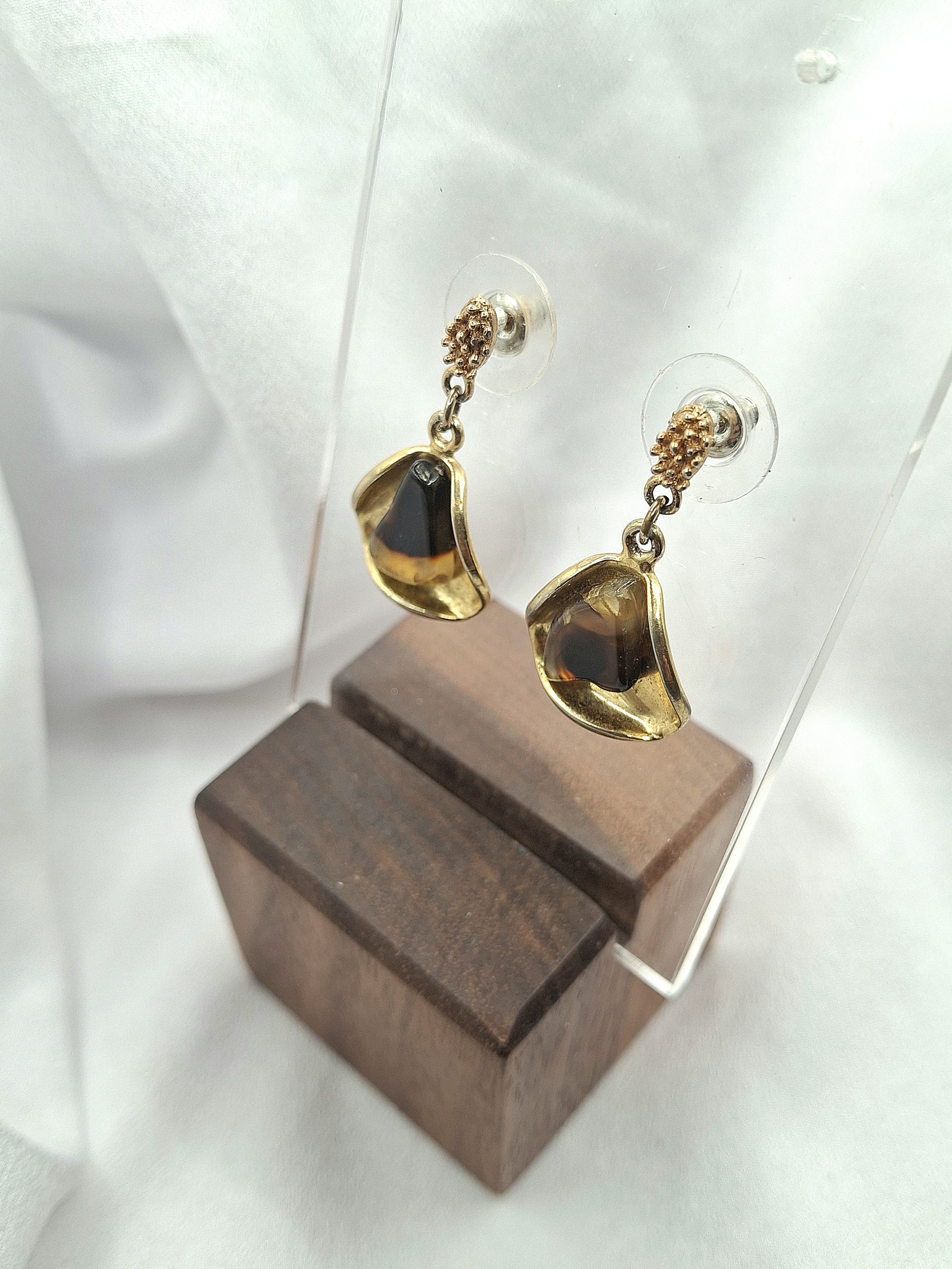 Image 3 for Vintage Gold Tone Dangle Earrings with Brown Stone