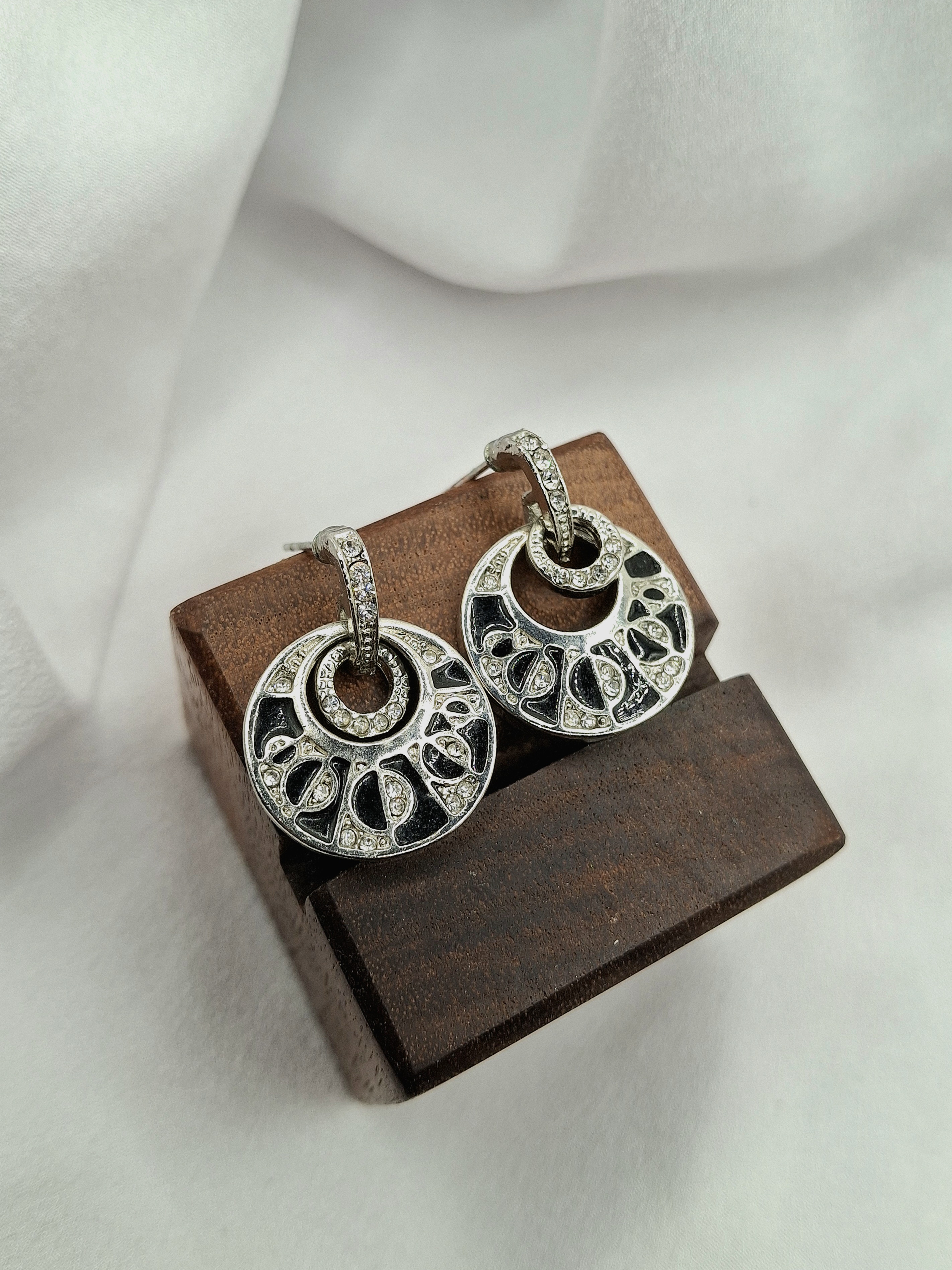 Vintage Black Enamel & Cubic Zirconia Crystal Geometric Pattern Dangling Post Earrings