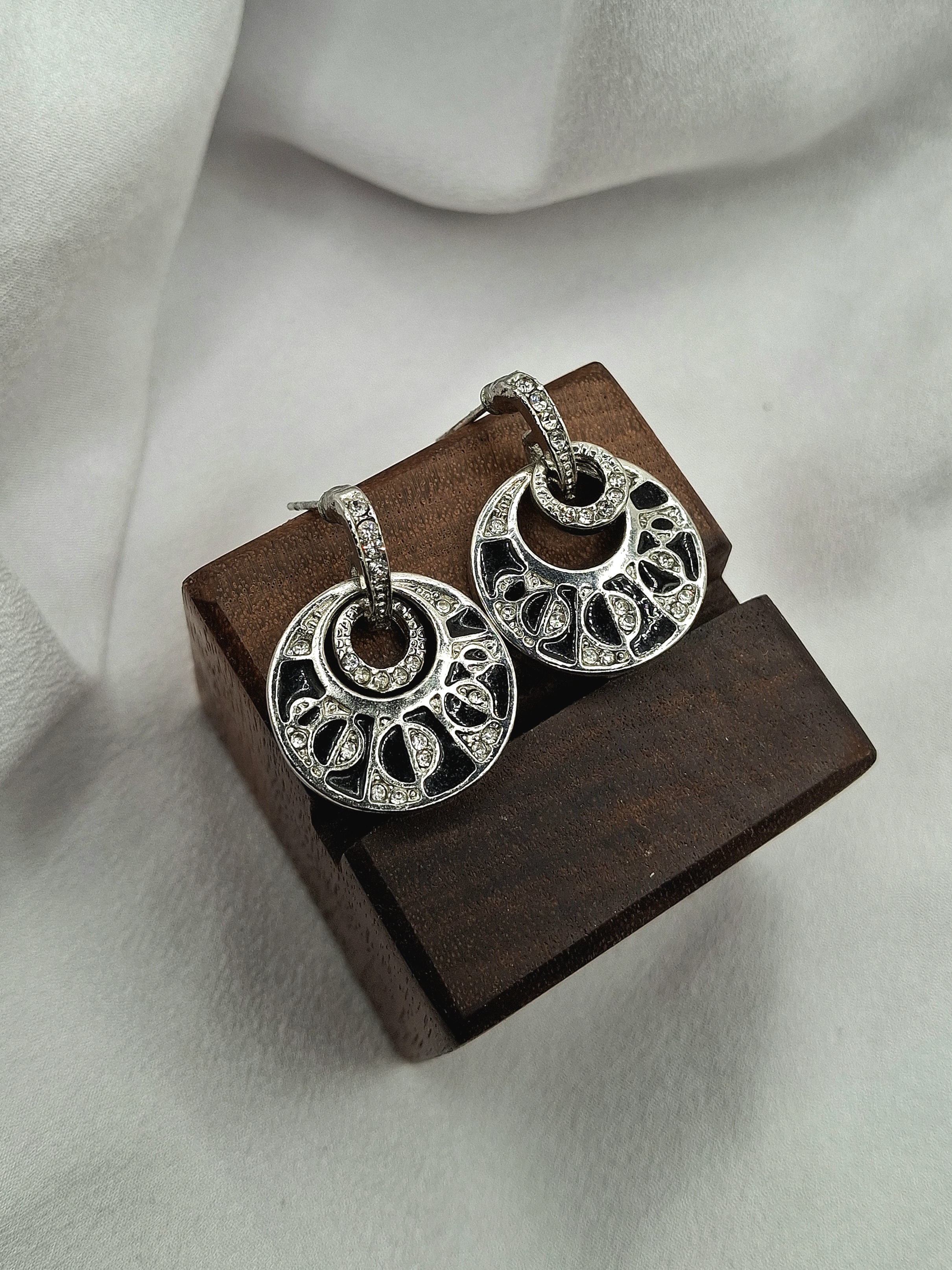 Image 2 for Vintage Black Enamel & Cubic Zirconia Crystal Geometric Pattern Dangling Post Earrings