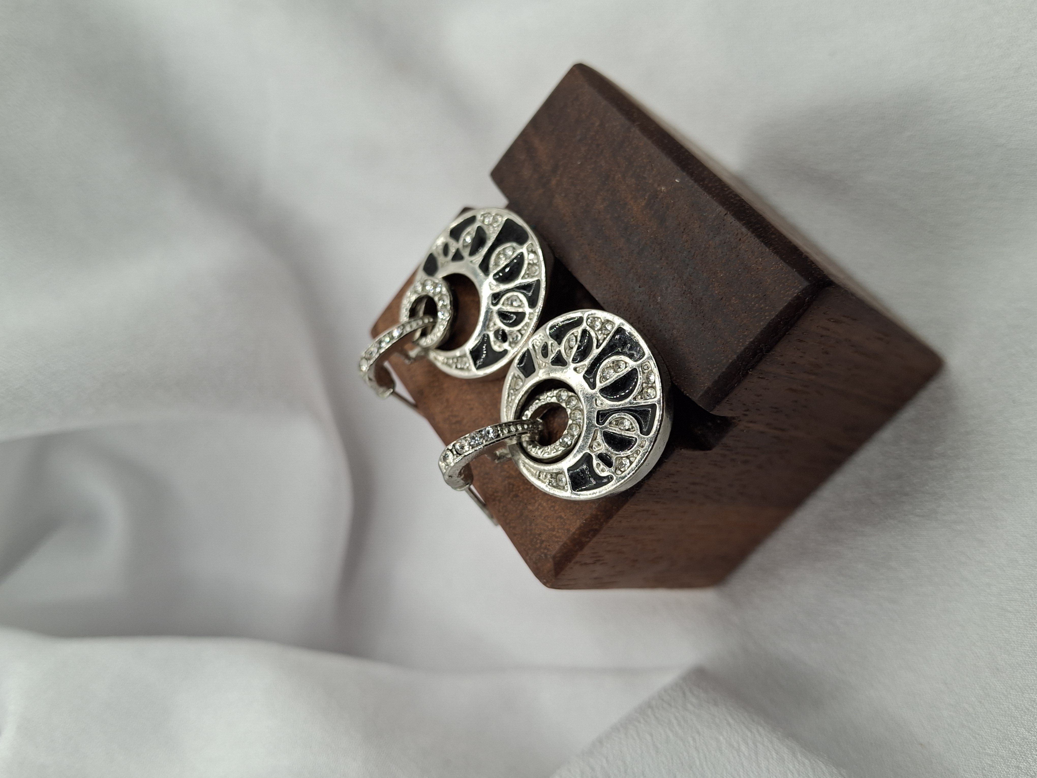 Image 3 for Vintage Black Enamel & Cubic Zirconia Crystal Geometric Pattern Dangling Post Earrings