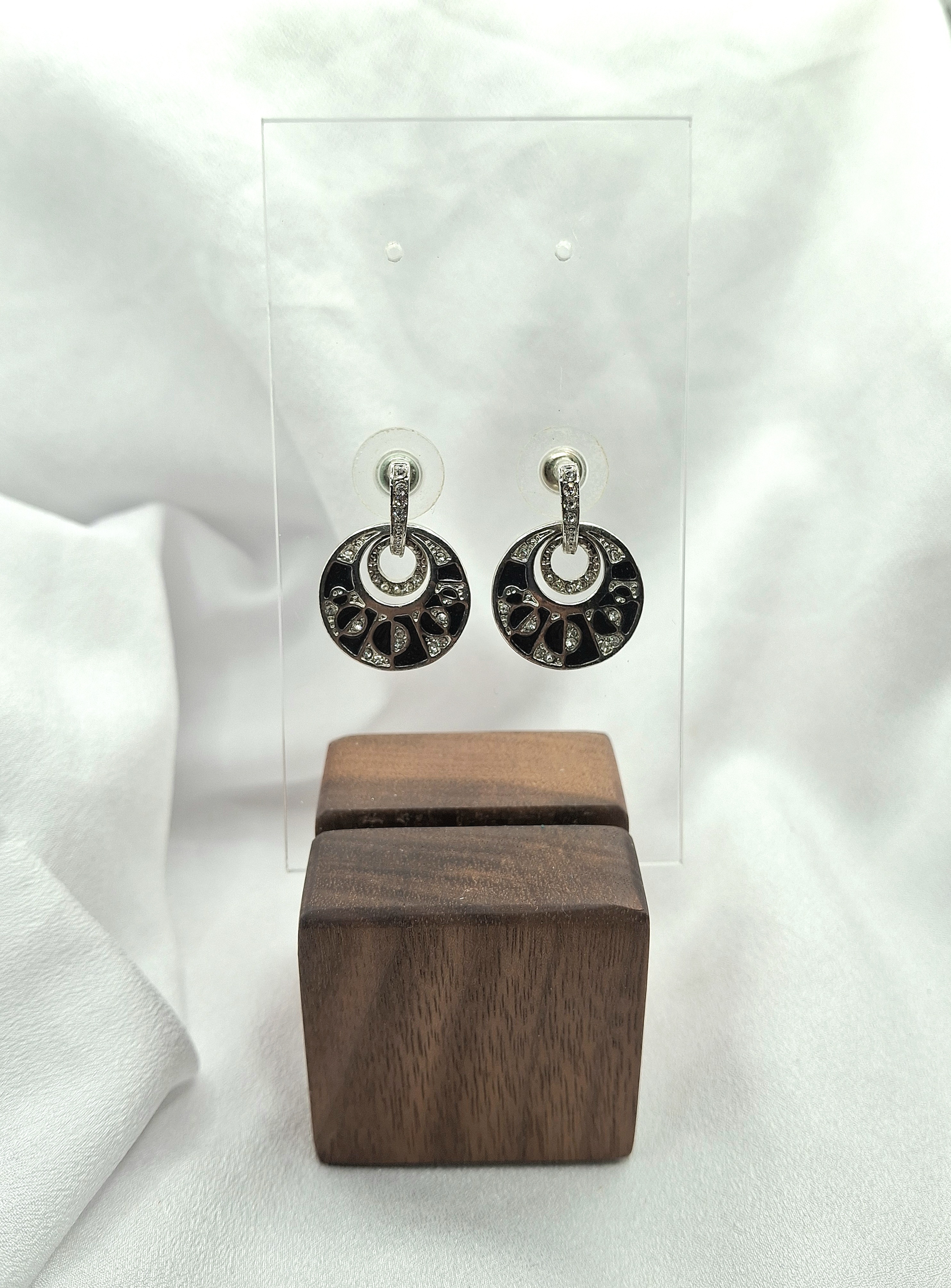 Image 4 for Vintage Black Enamel & Cubic Zirconia Crystal Geometric Pattern Dangling Post Earrings