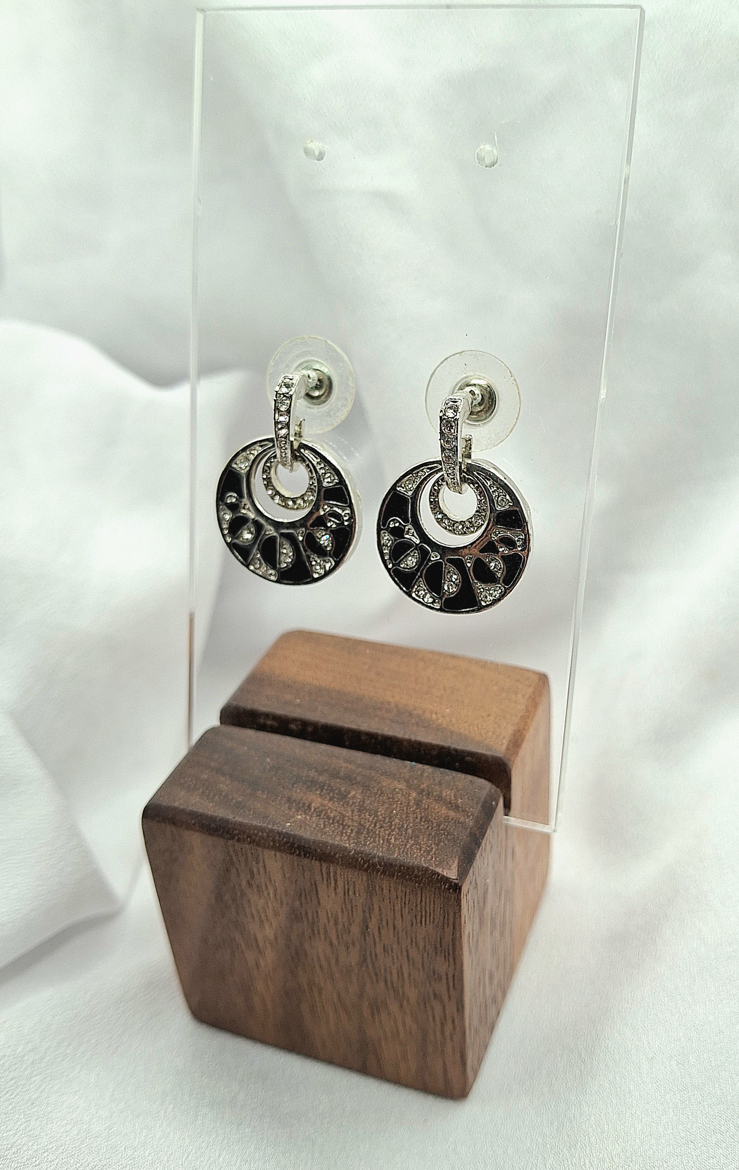 Image 9 for Vintage Black Enamel & Cubic Zirconia Crystal Geometric Pattern Dangling Post Earrings