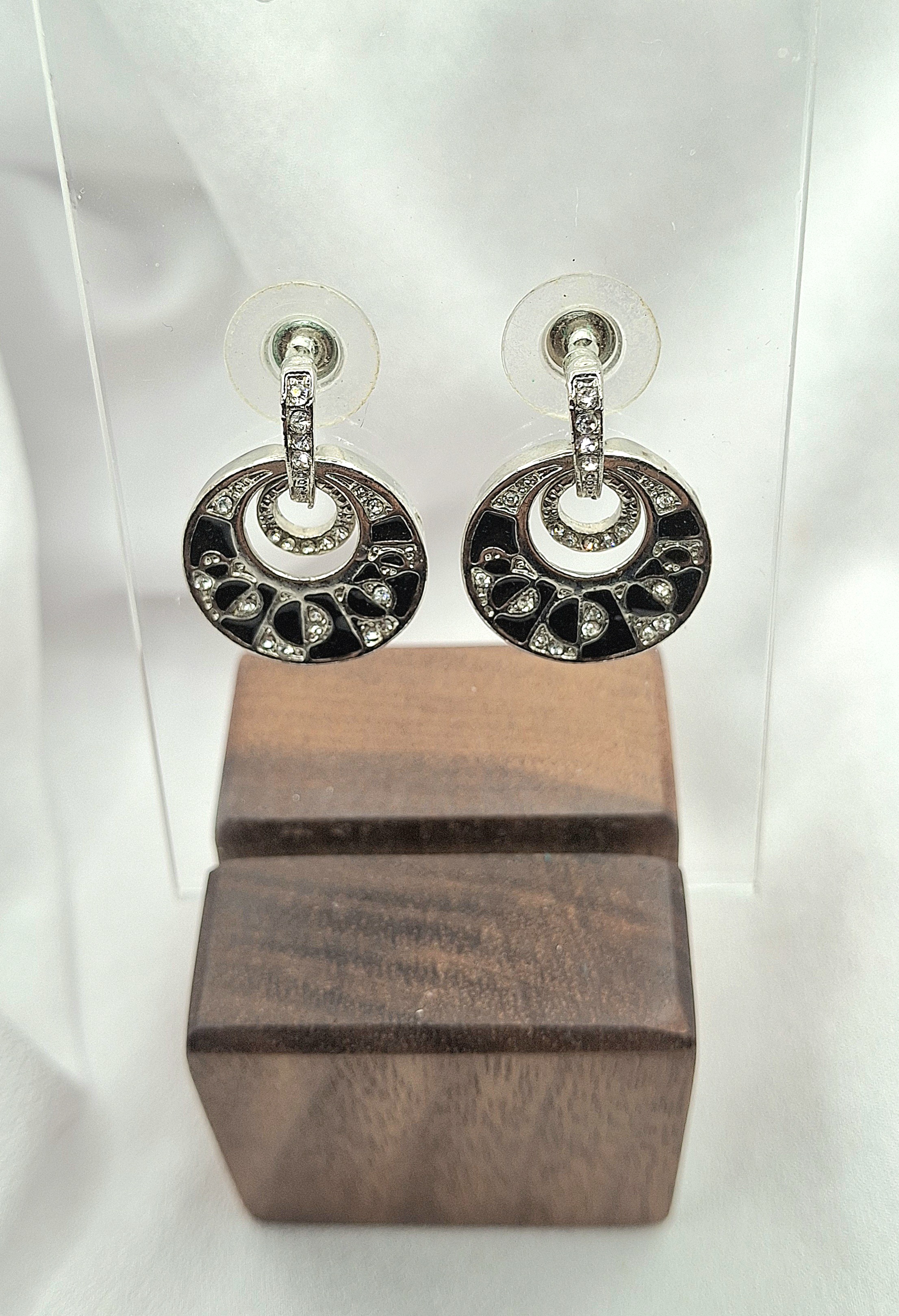 Image 5 for Vintage Black Enamel & Cubic Zirconia Crystal Geometric Pattern Dangling Post Earrings