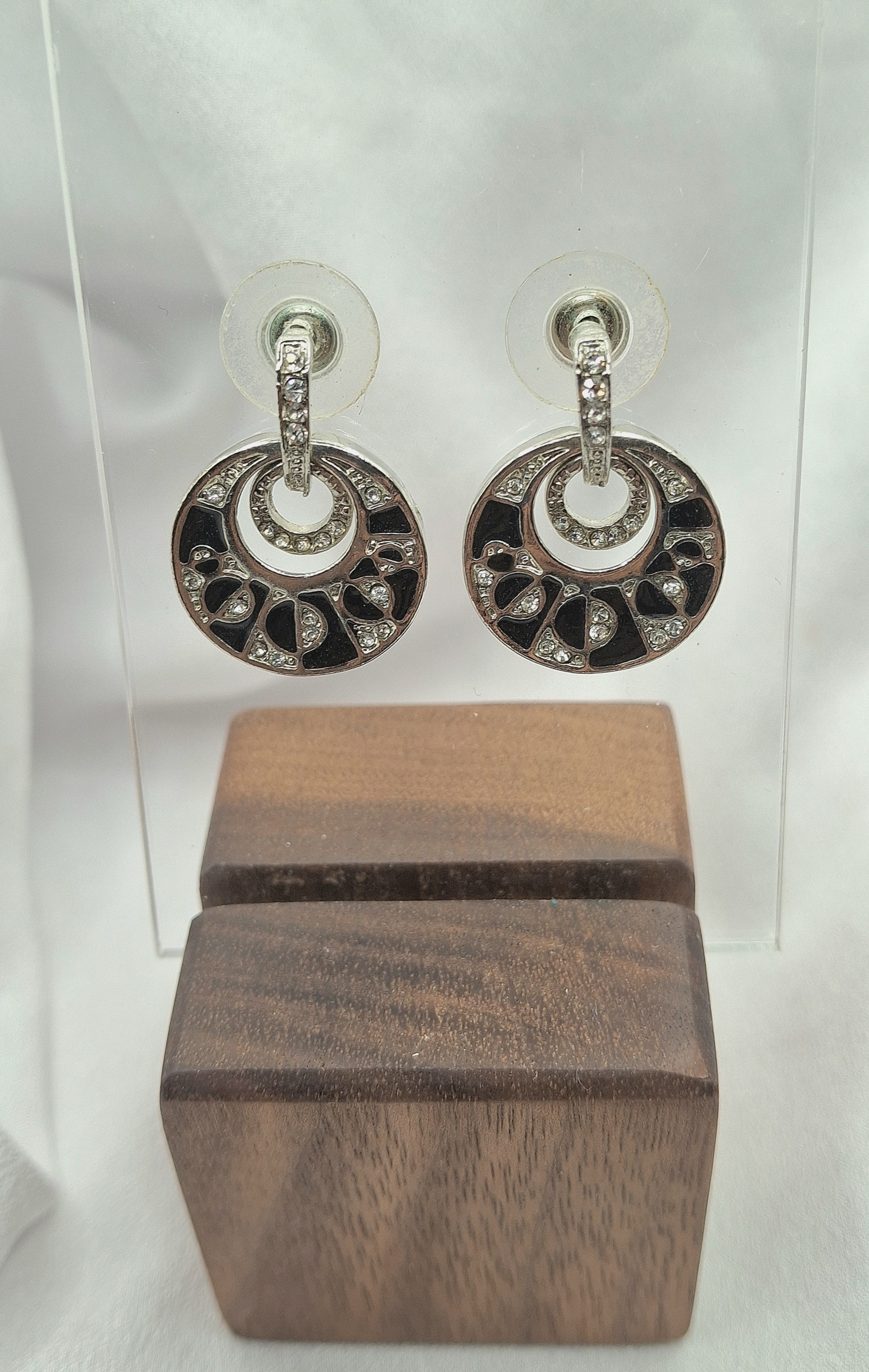 Image 10 for Vintage Black Enamel & Cubic Zirconia Crystal Geometric Pattern Dangling Post Earrings