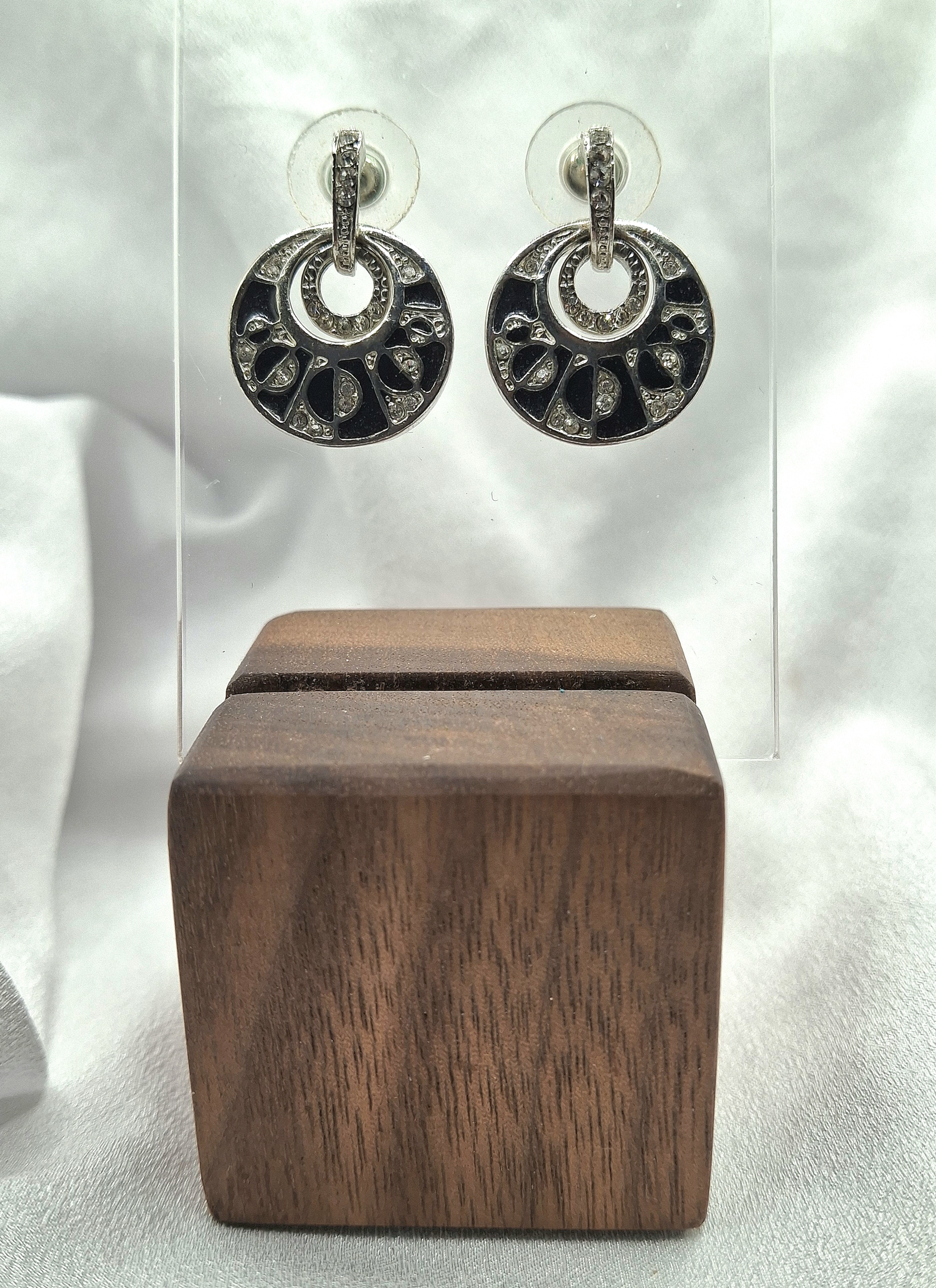 Image 6 for Vintage Black Enamel & Cubic Zirconia Crystal Geometric Pattern Dangling Post Earrings