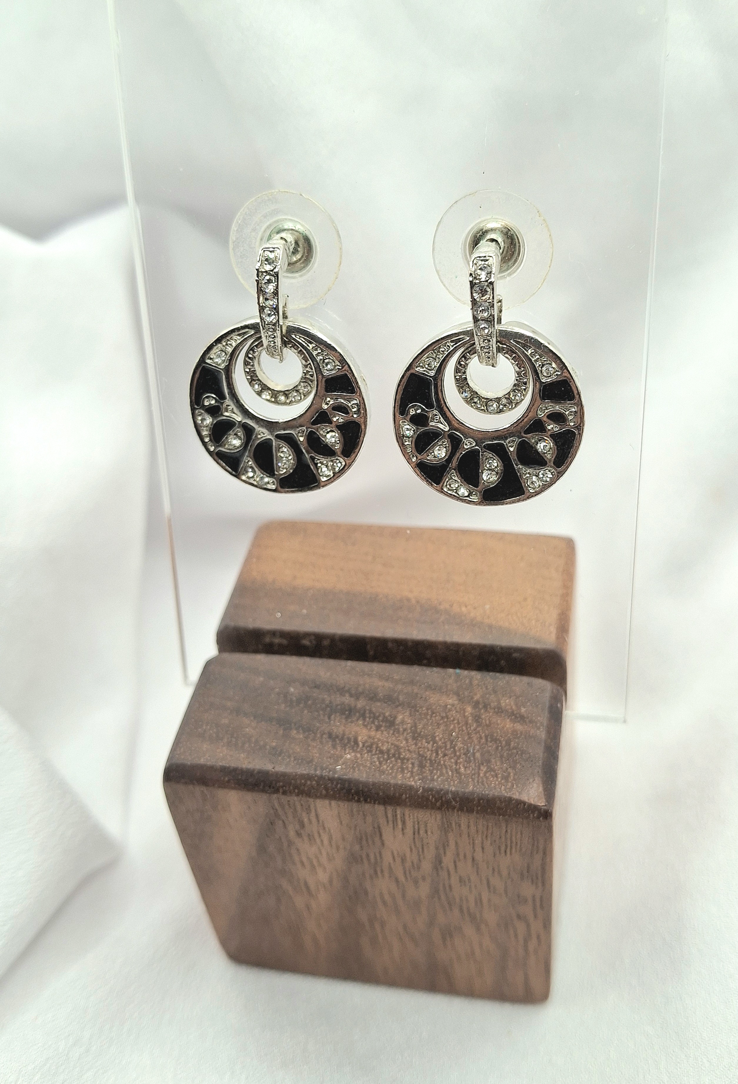 Image 7 for Vintage Black Enamel & Cubic Zirconia Crystal Geometric Pattern Dangling Post Earrings