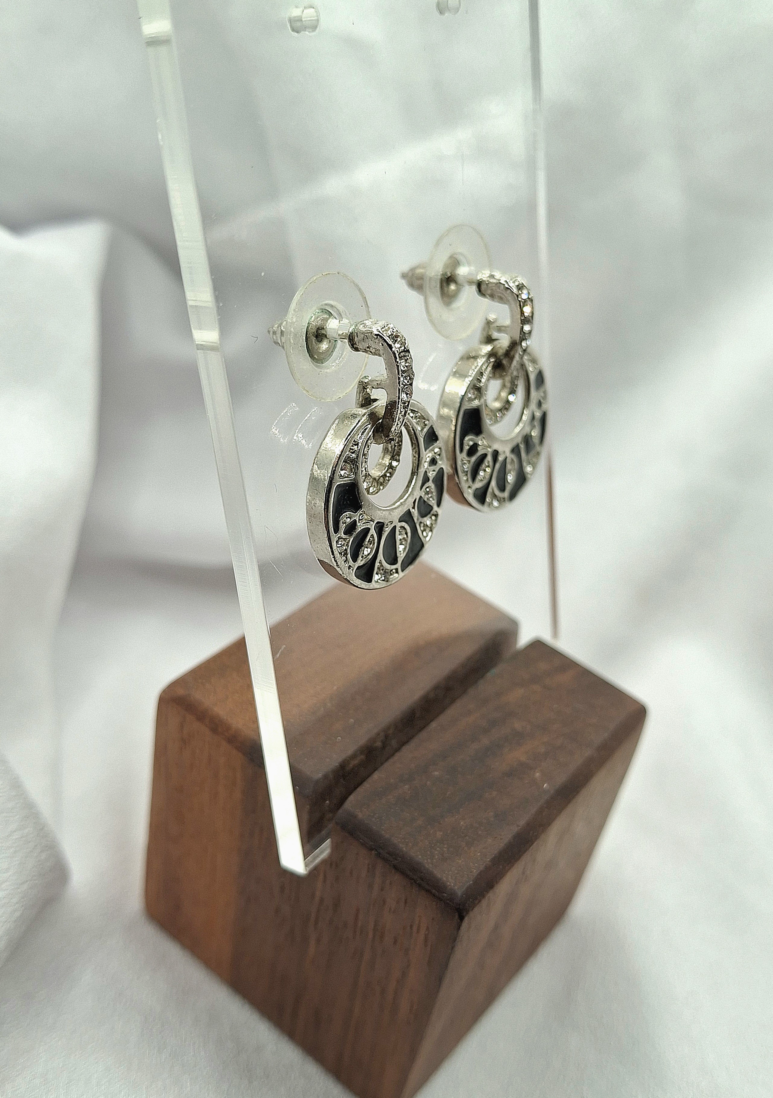 Image 8 for Vintage Black Enamel & Cubic Zirconia Crystal Geometric Pattern Dangling Post Earrings