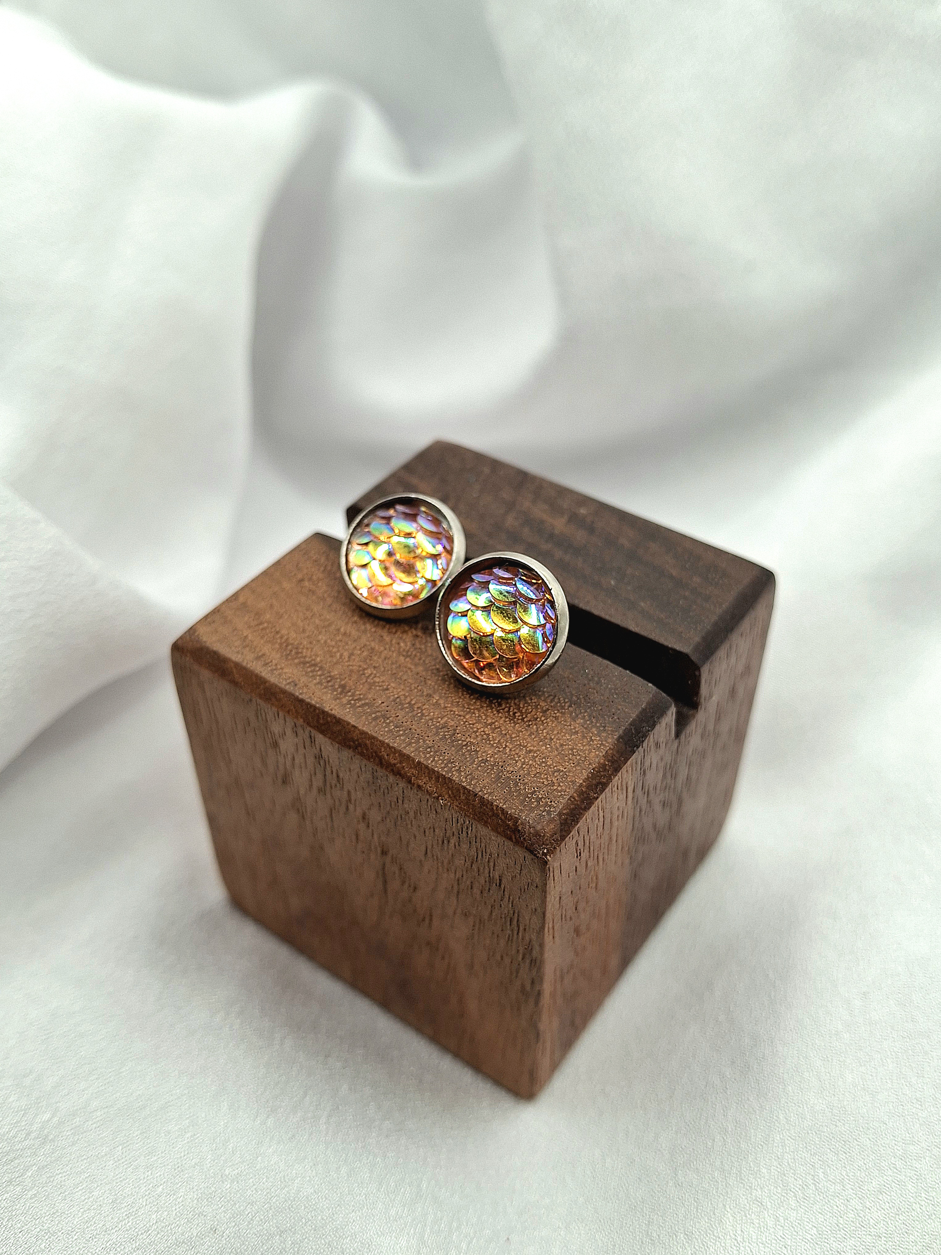 Image 2 for Coral/Peach Iridescent Mermaid Fish Scale Stud Earrings