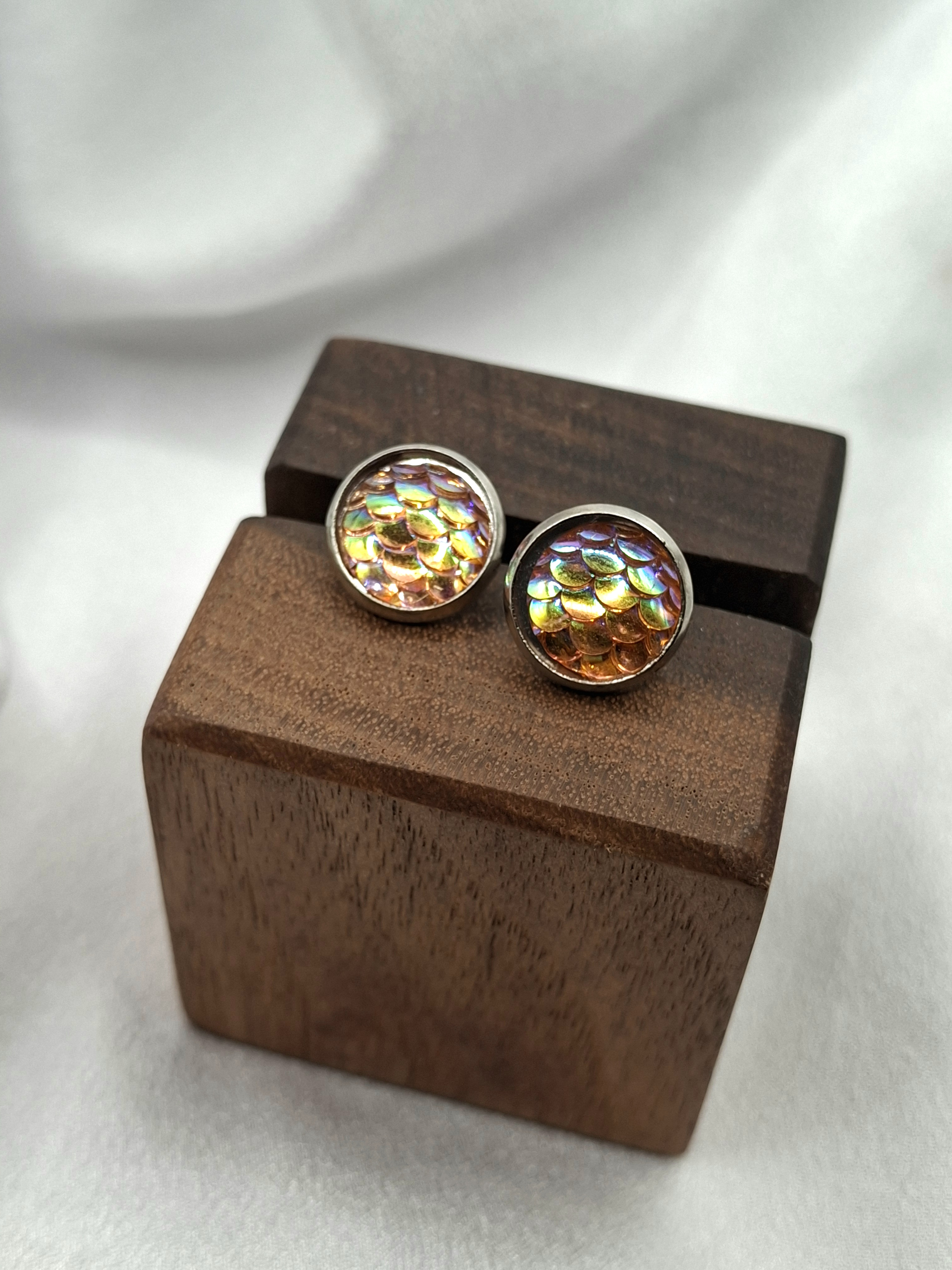 Image 3 for Coral/Peach Iridescent Mermaid Fish Scale Stud Earrings