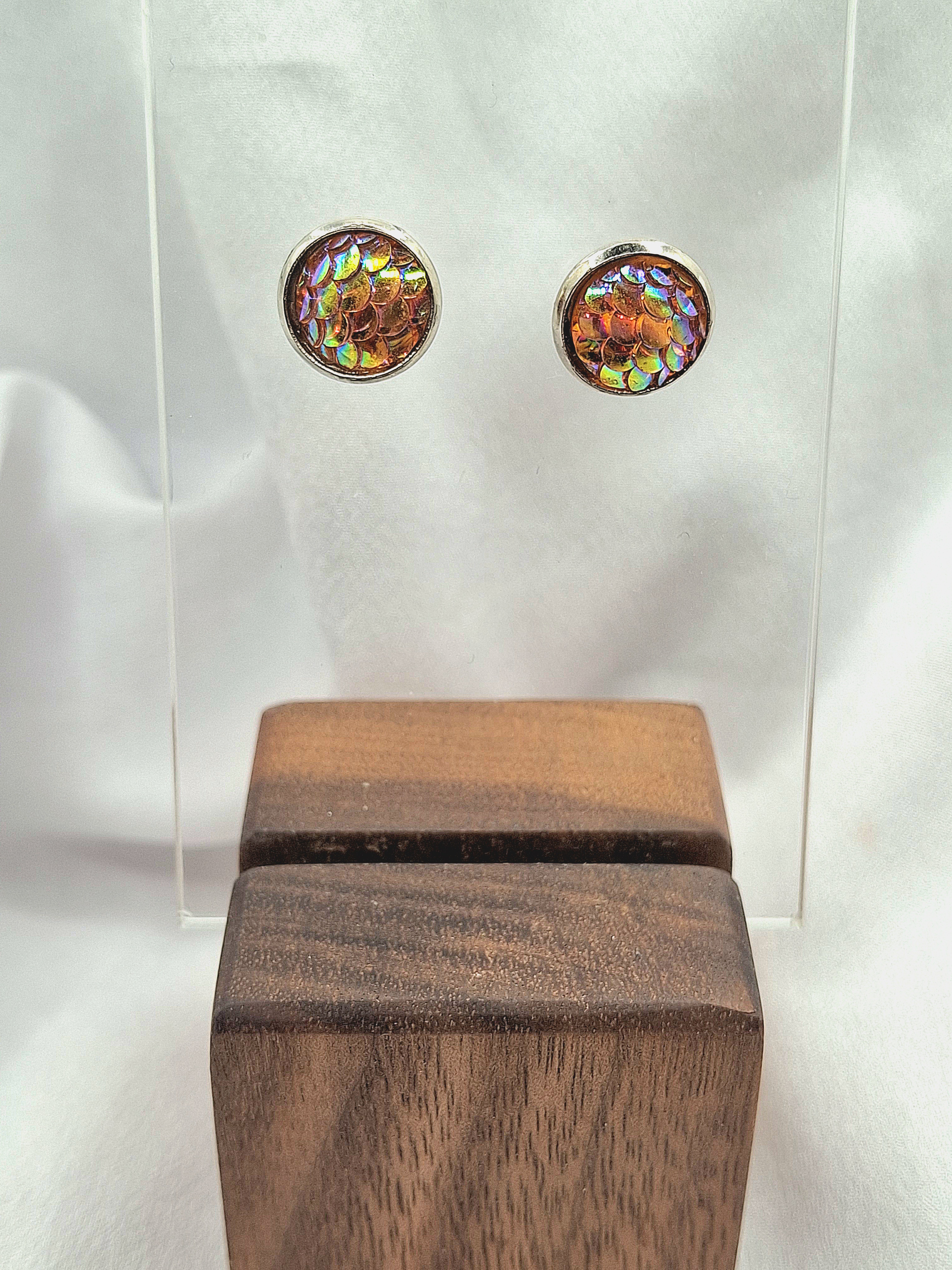 Image 4 for Coral/Peach Iridescent Mermaid Fish Scale Stud Earrings