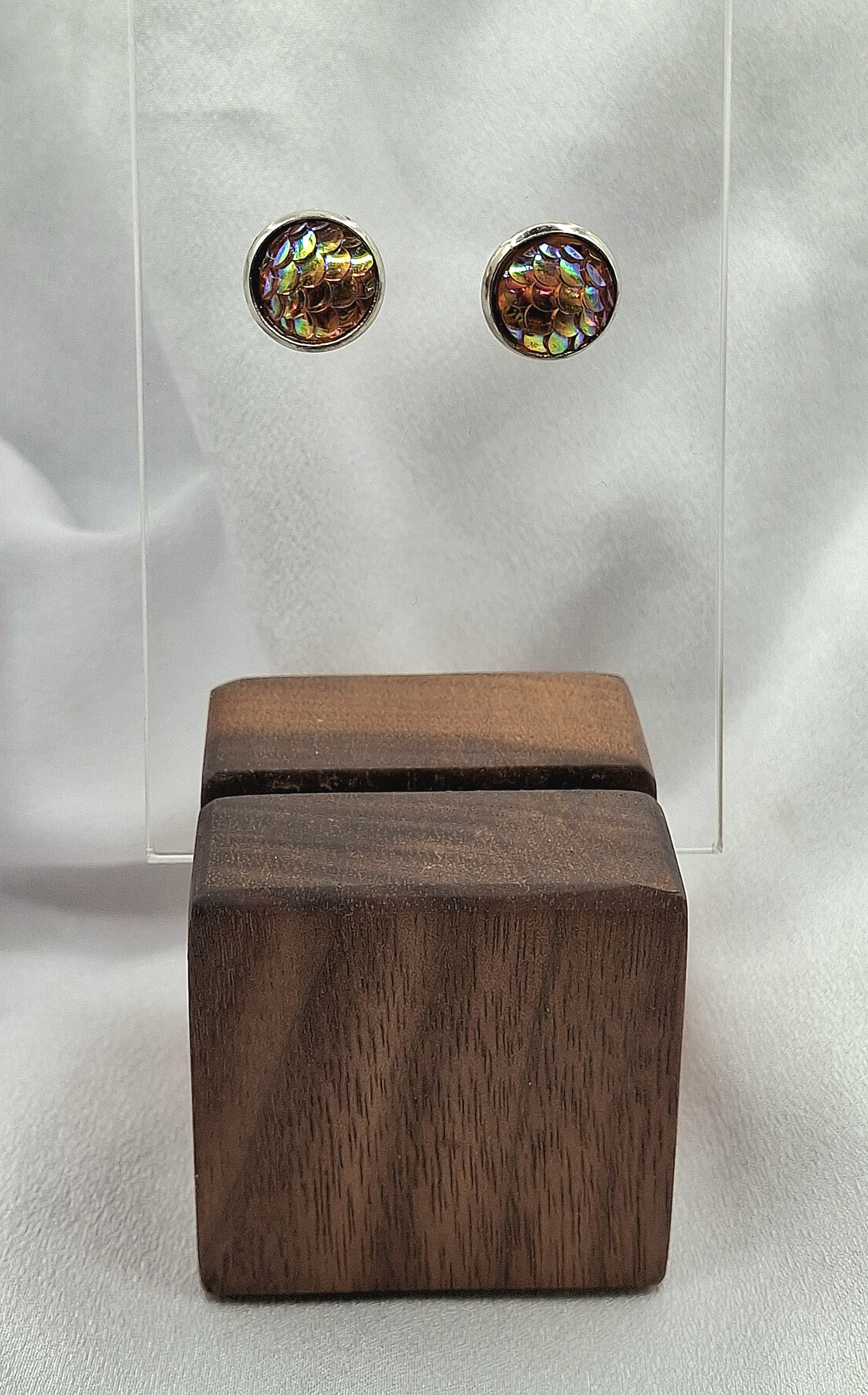 Image 5 for Coral/Peach Iridescent Mermaid Fish Scale Stud Earrings