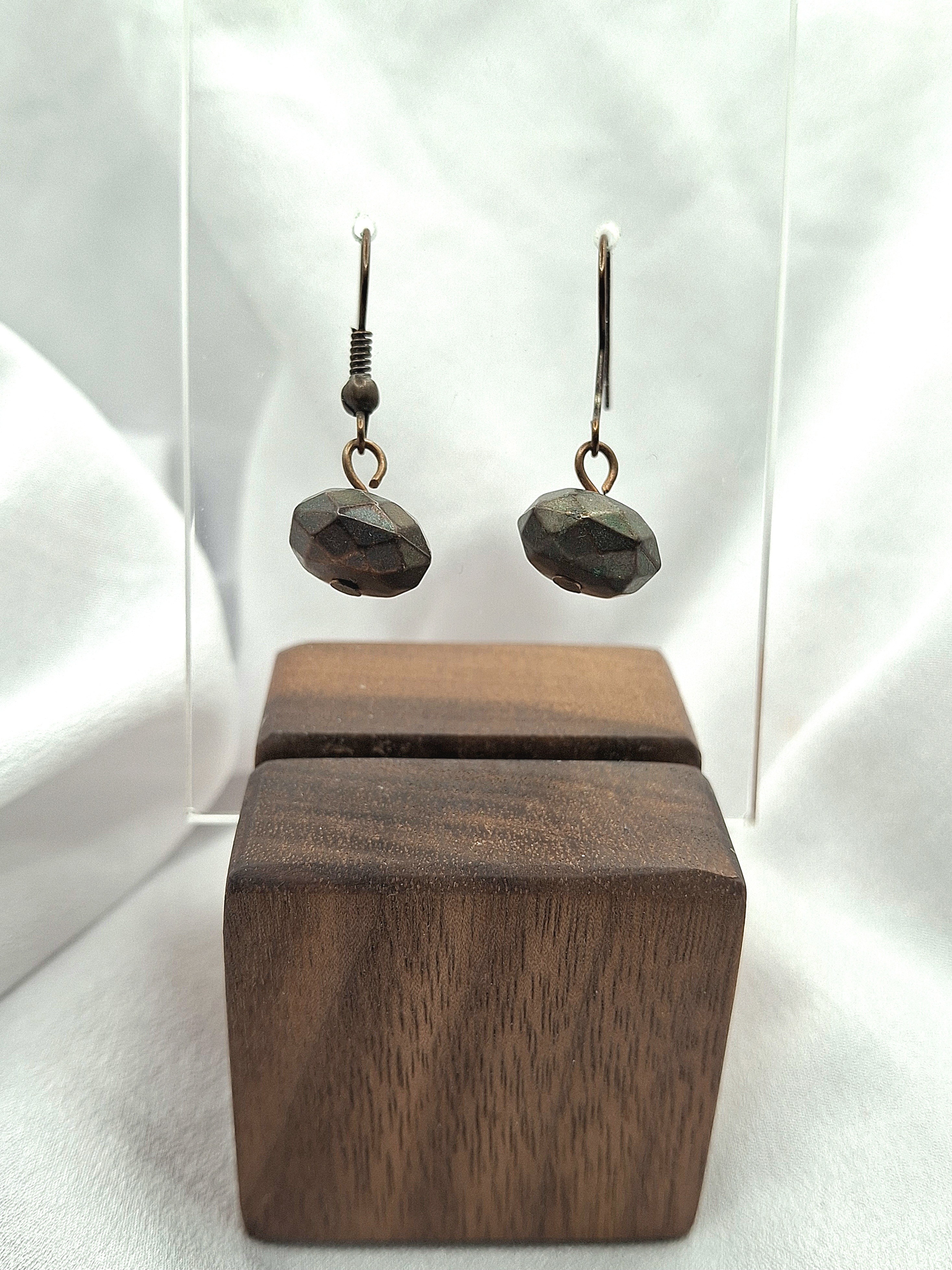 Image 2 for Vintage Handmade Faceted Bronze Toned Brown Beaded Dangling Earrings