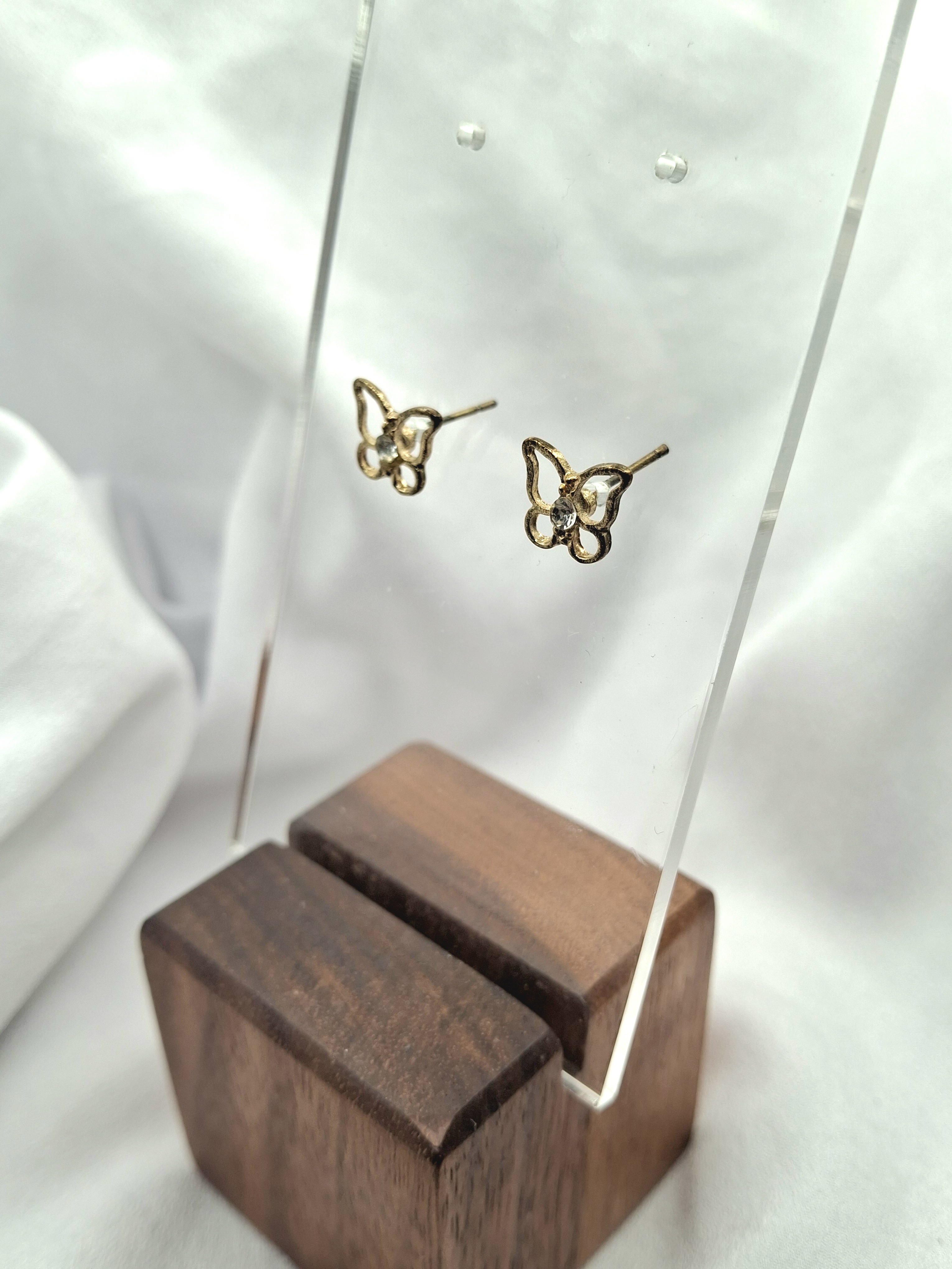 Image 3 for Vintage Gold Butterfly Stud Earrings with Rhinestone