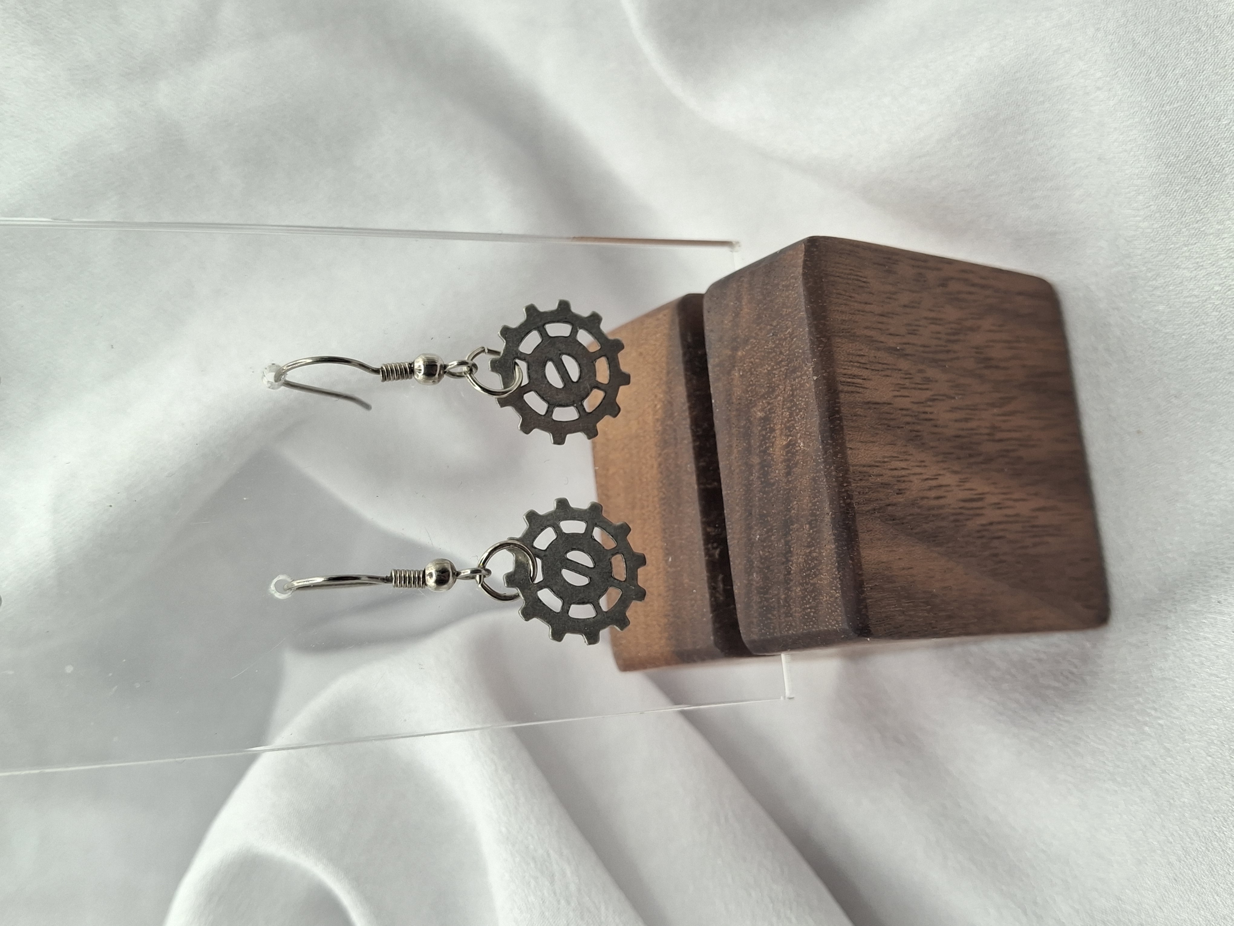 Image 5 for Vintage Silver Gear Dangling Earrings - Steampunk Jewelry