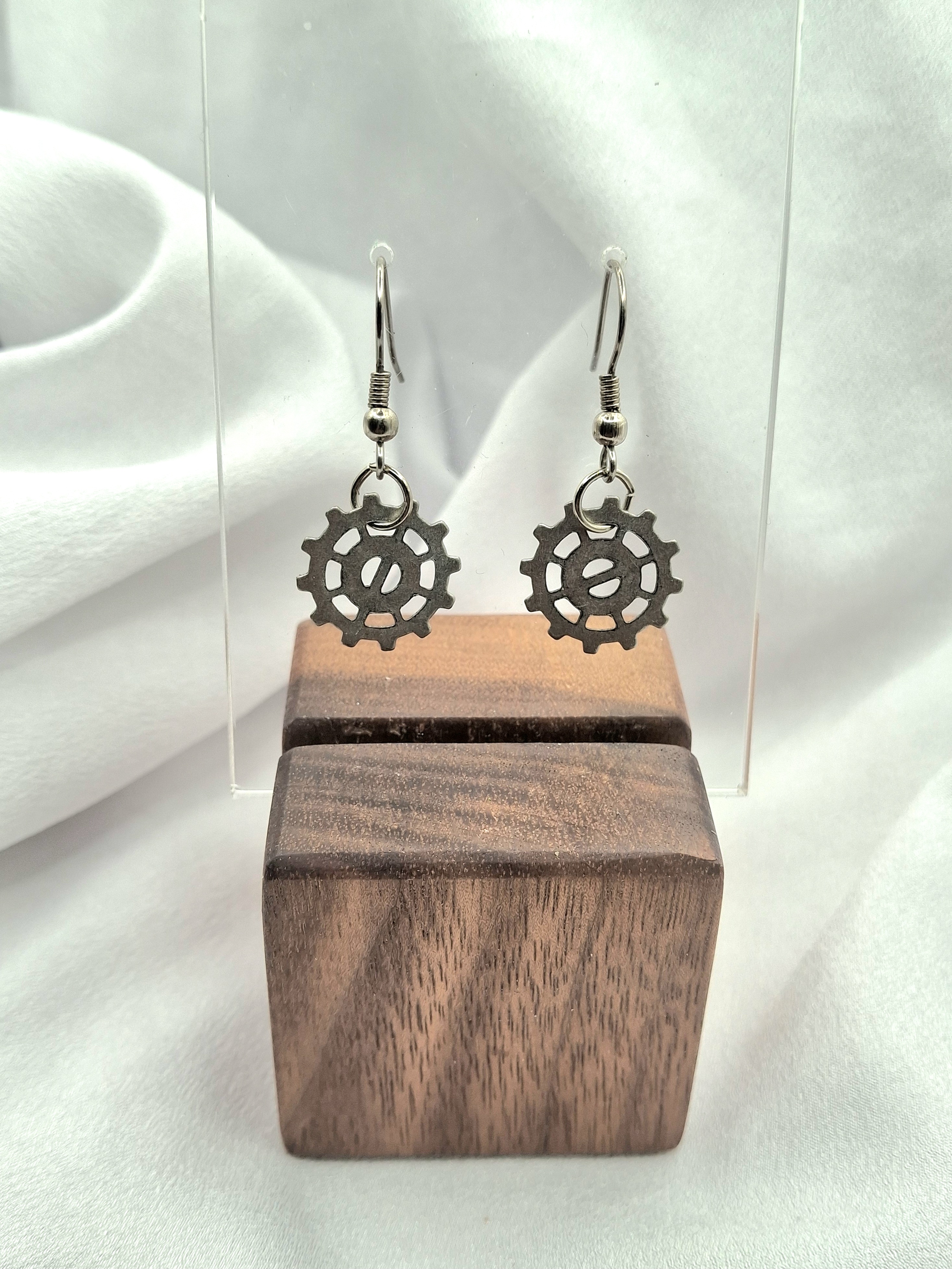 Image 4 for Vintage Silver Gear Dangling Earrings - Steampunk Jewelry