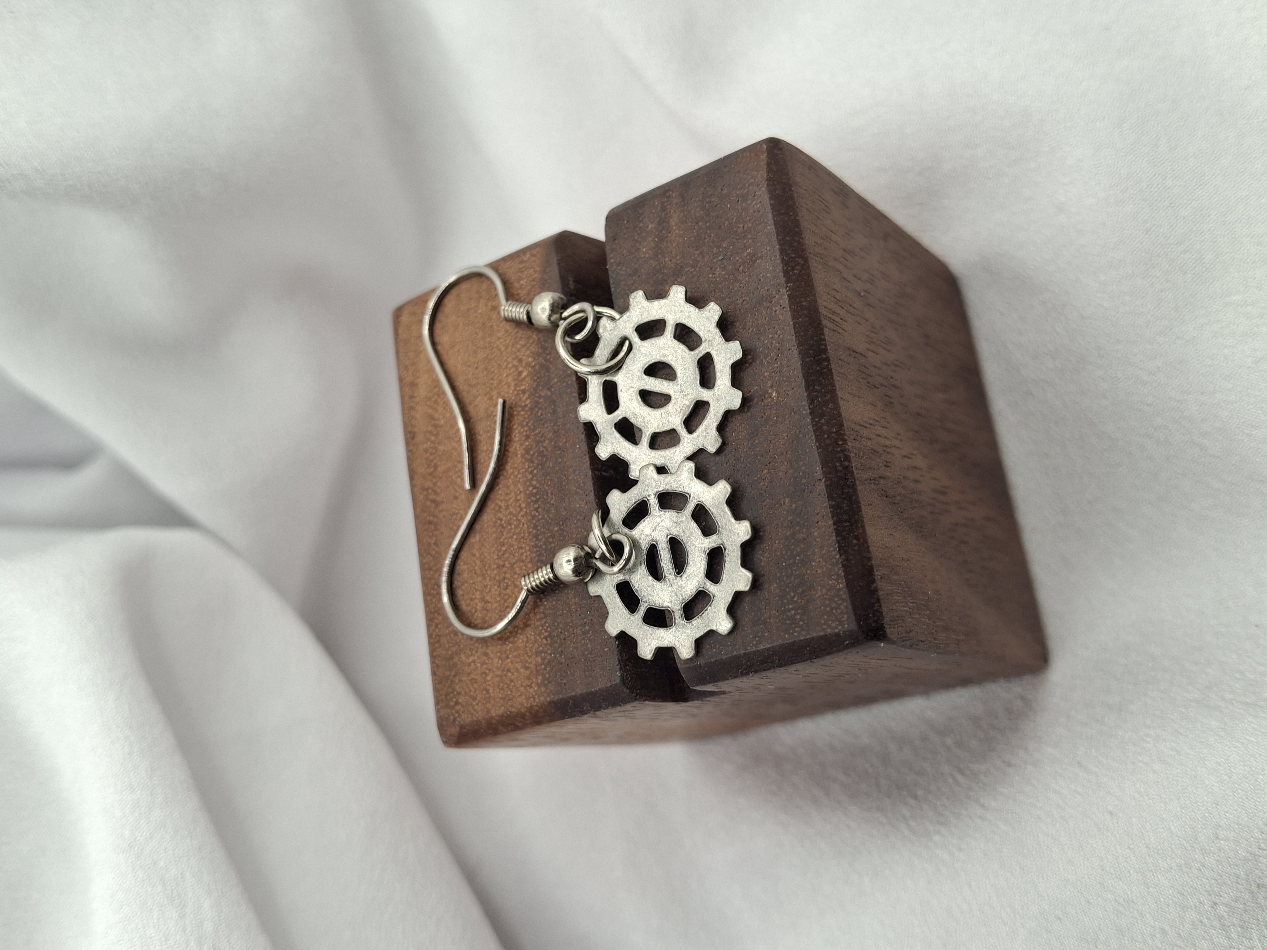 Image 3 for Vintage Silver Gear Dangling Earrings - Steampunk Jewelry