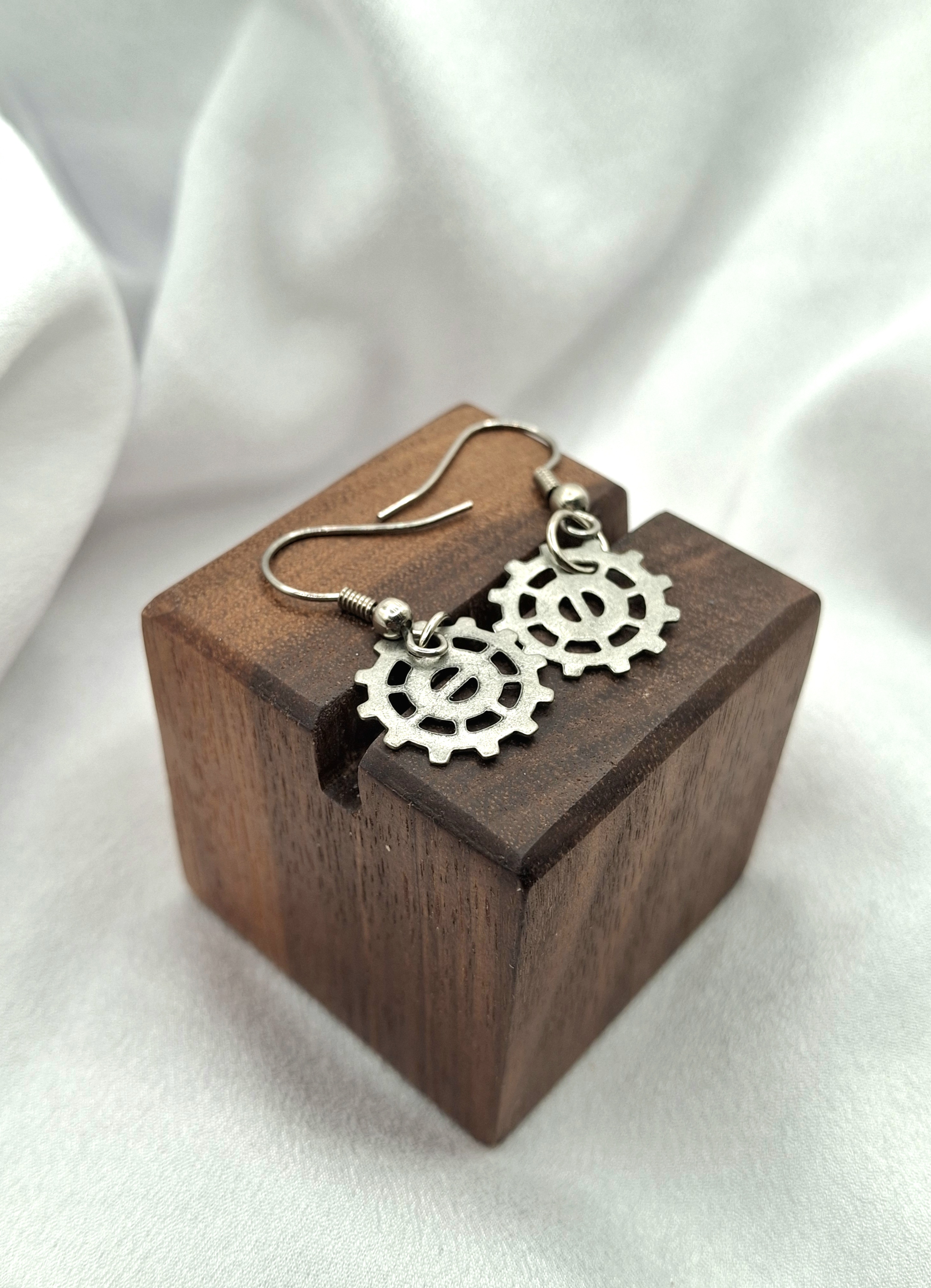 Image 2 for Vintage Silver Gear Dangling Earrings - Steampunk Jewelry