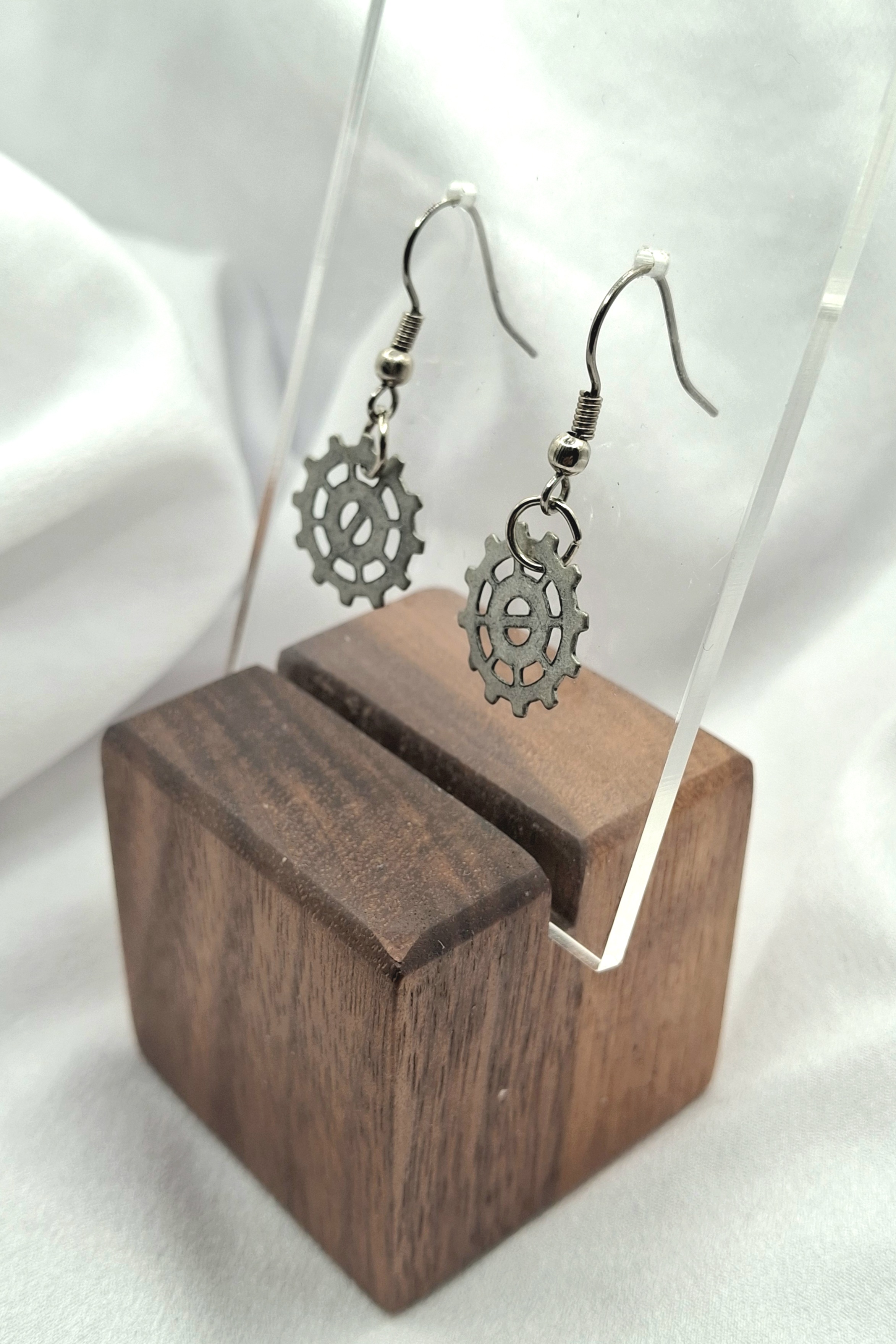 Image 6 for Vintage Silver Gear Dangling Earrings - Steampunk Jewelry