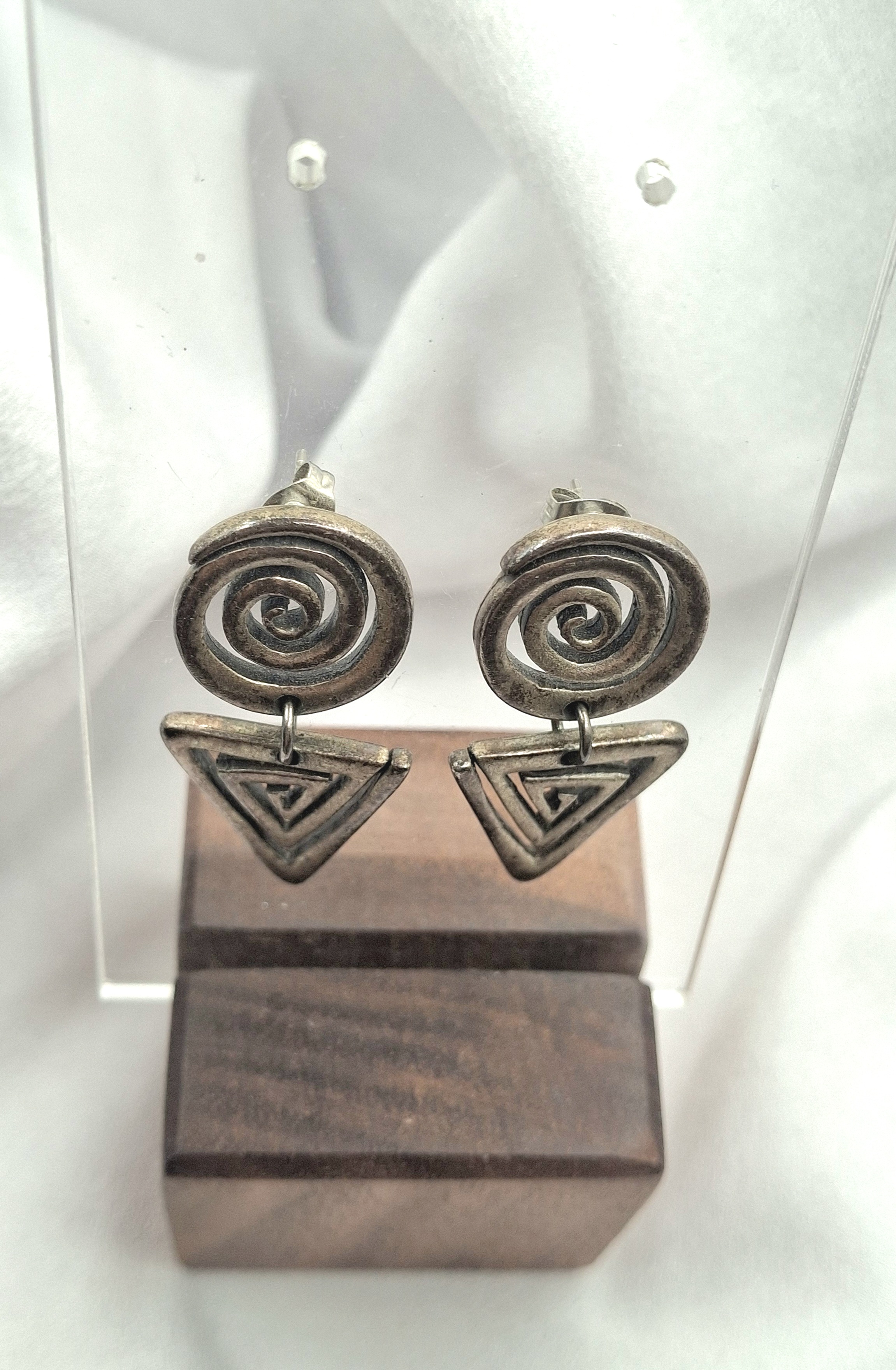 Image 5 for Unique Vintage Tribal Spiral & Triangle Geometric Dangling Earrings