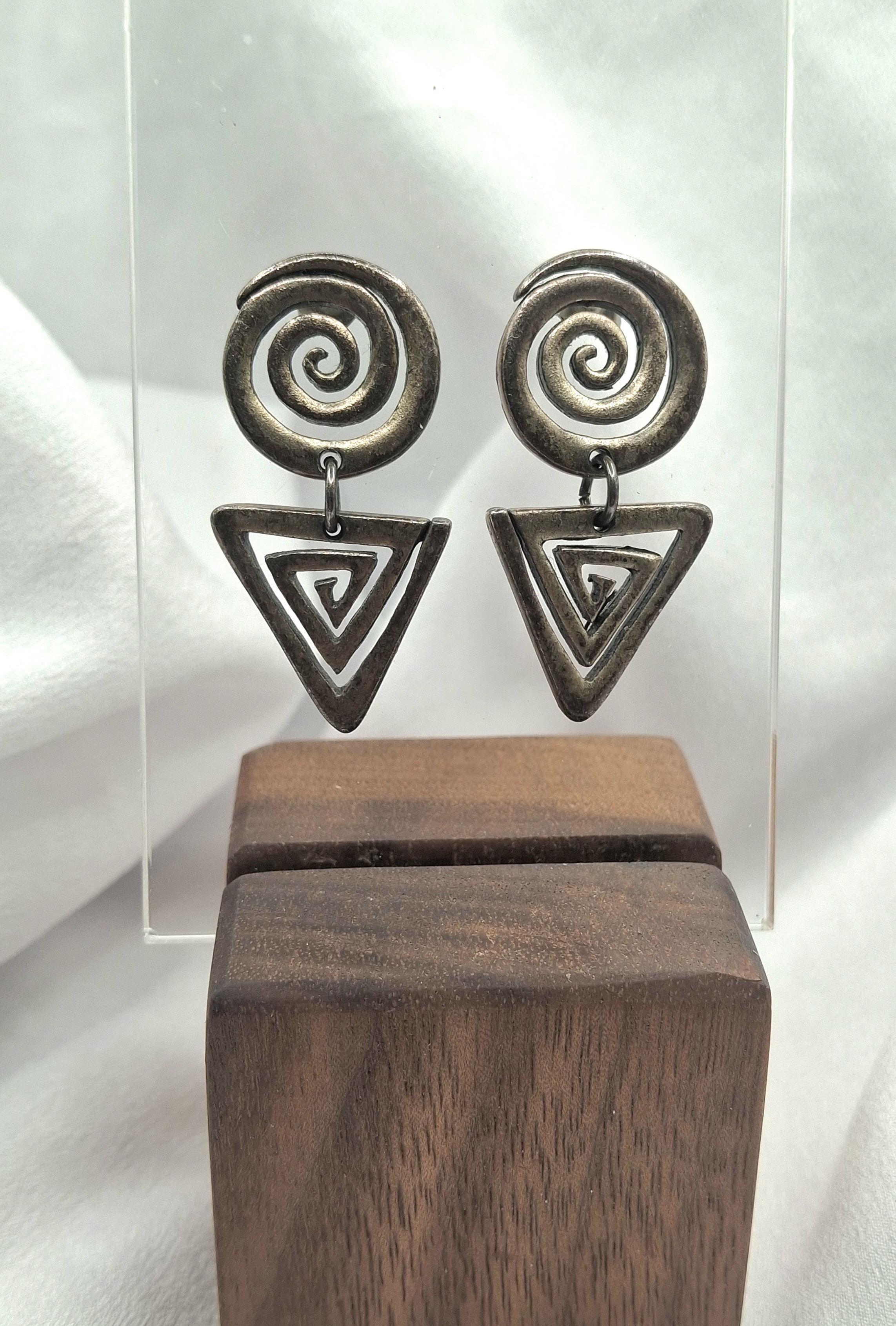 Image 4 for Unique Vintage Tribal Spiral & Triangle Geometric Dangling Earrings