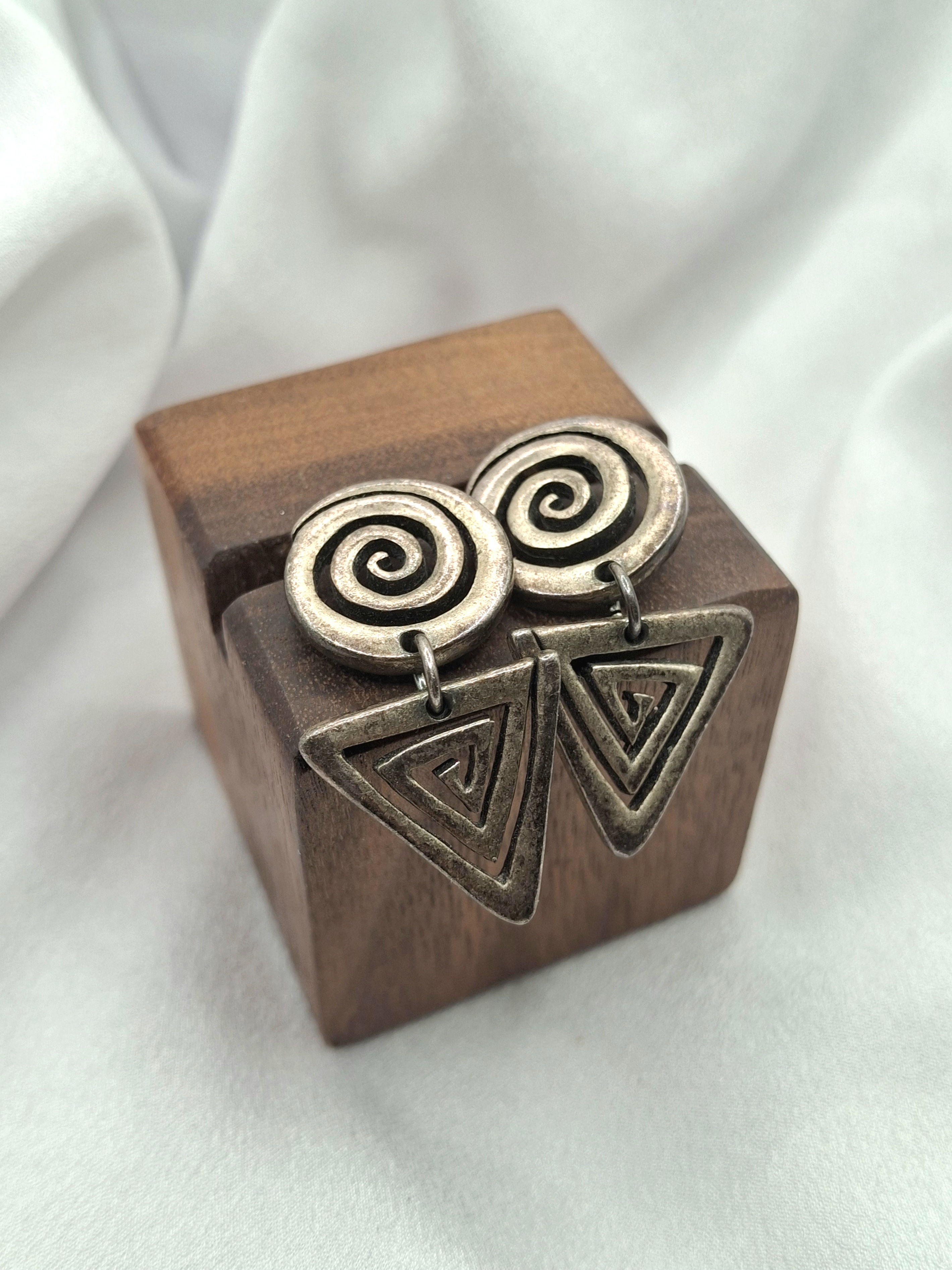 Unique Vintage Tribal Spiral & Triangle Geometric Dangling Earrings