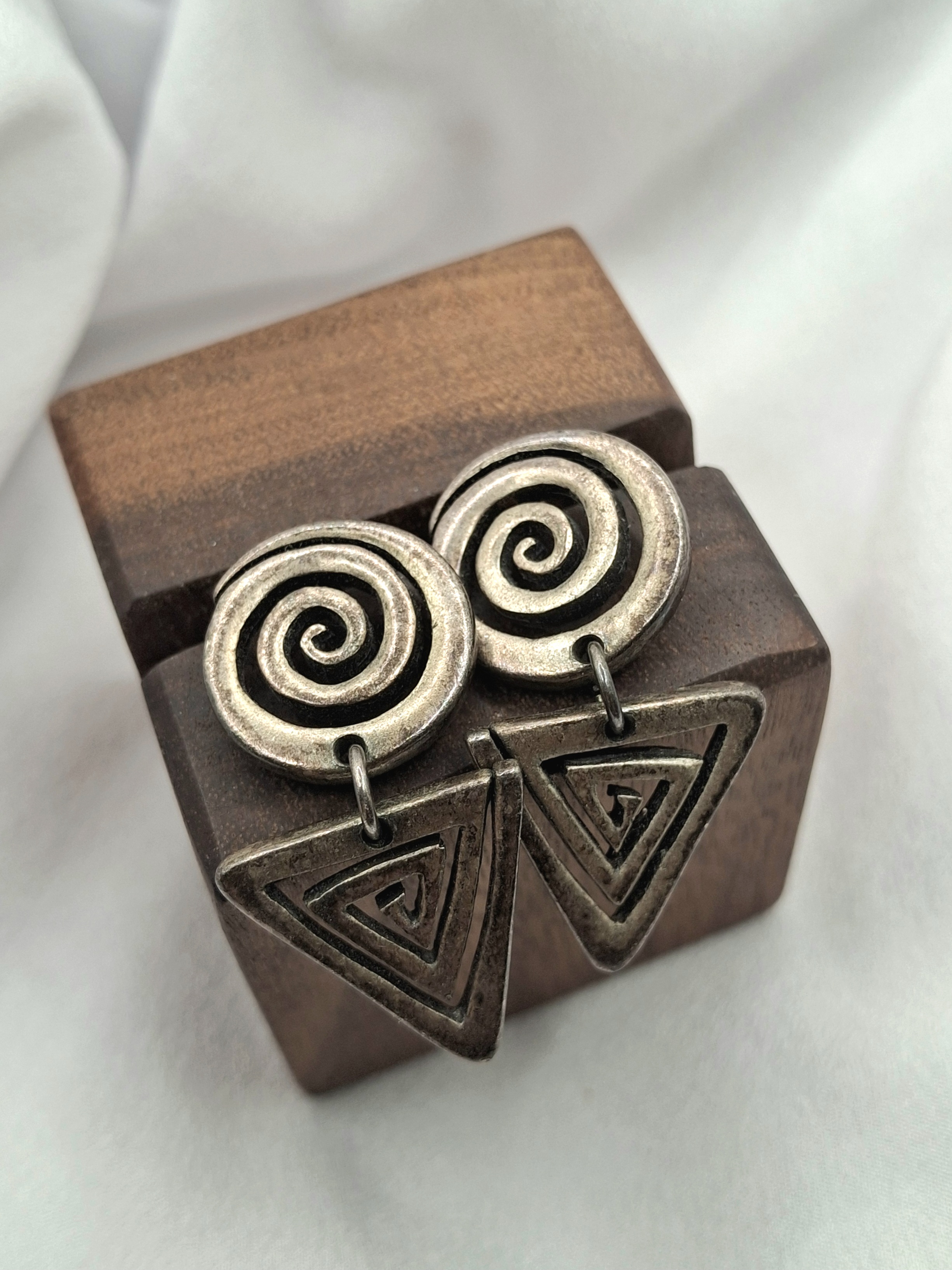Image 2 for Unique Vintage Tribal Spiral & Triangle Geometric Dangling Earrings