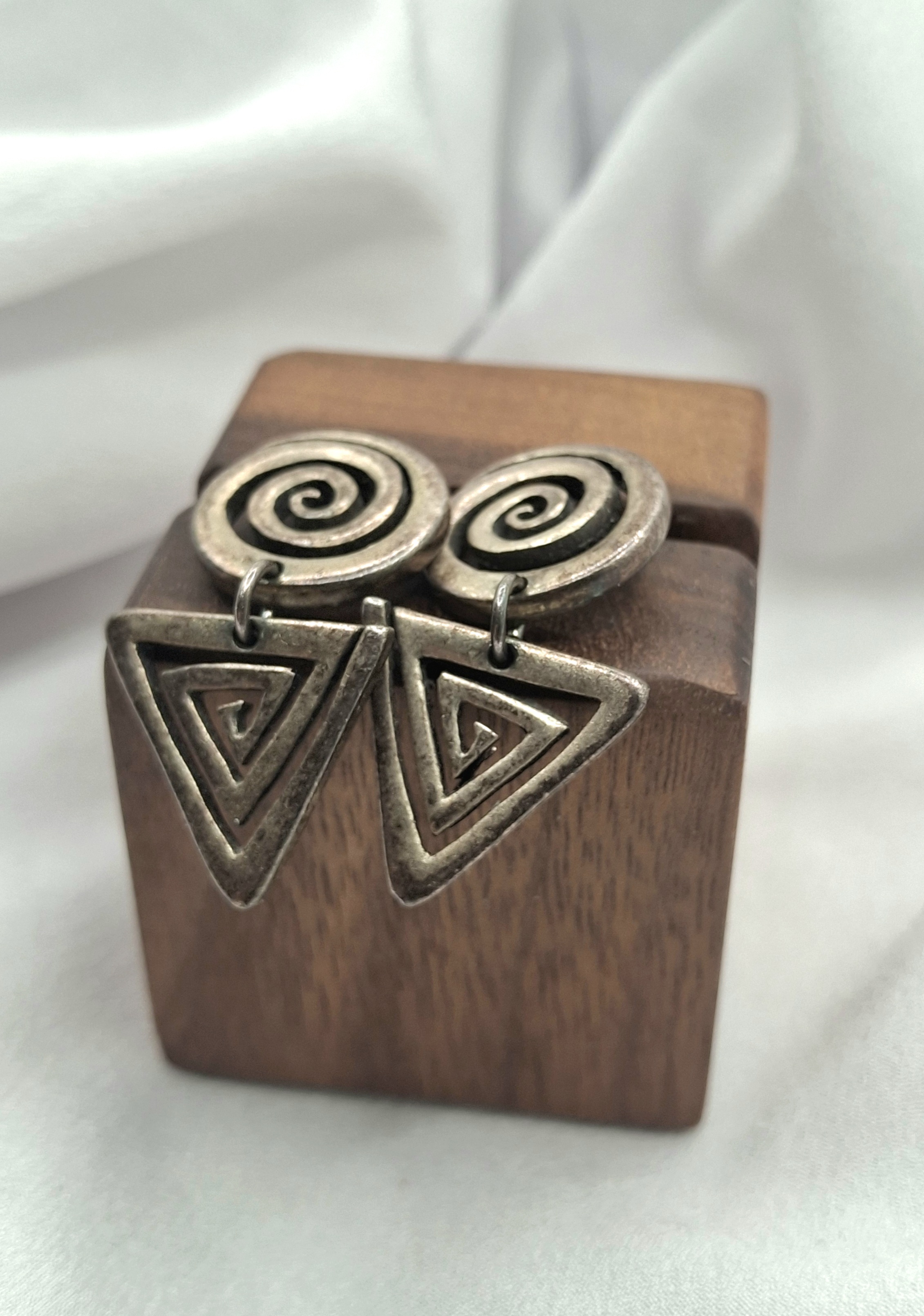 Image 3 for Unique Vintage Tribal Spiral & Triangle Geometric Dangling Earrings