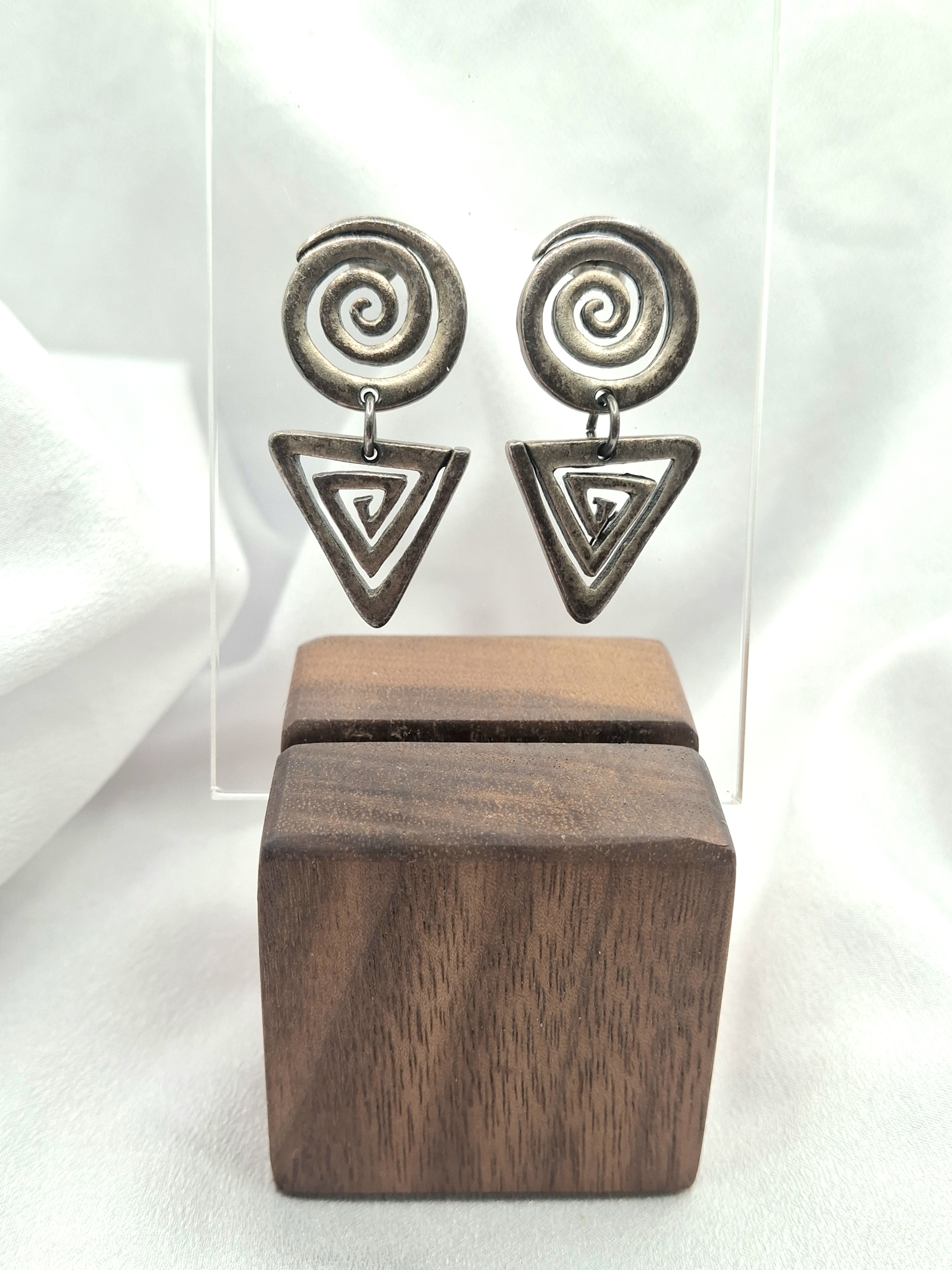 Image 8 for Unique Vintage Tribal Spiral & Triangle Geometric Dangling Earrings