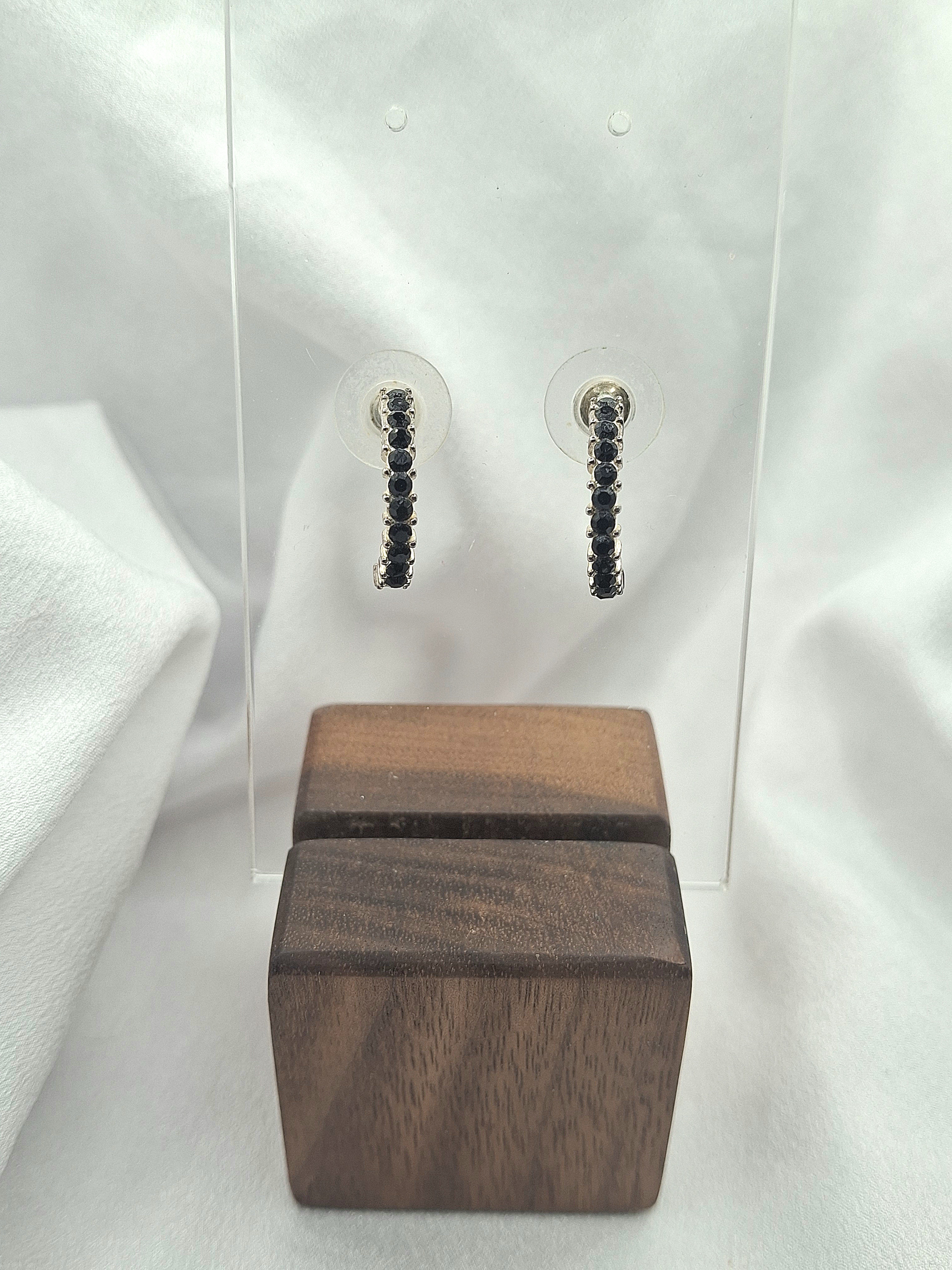 Image 2 for Vintage Silver Black Crystal Half Hoop Post Earrings