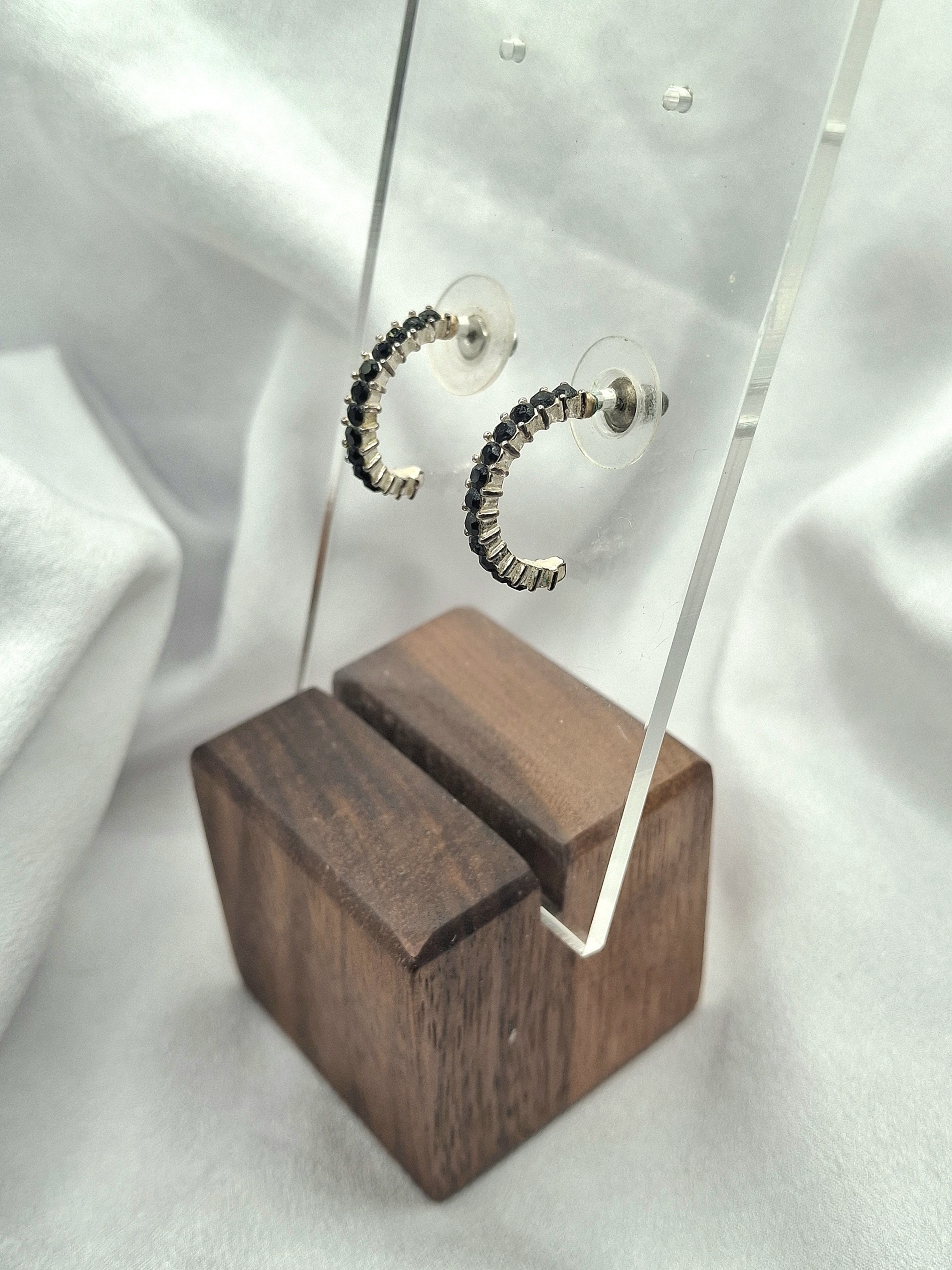 Vintage Silver Black Crystal Half Hoop Post Earrings