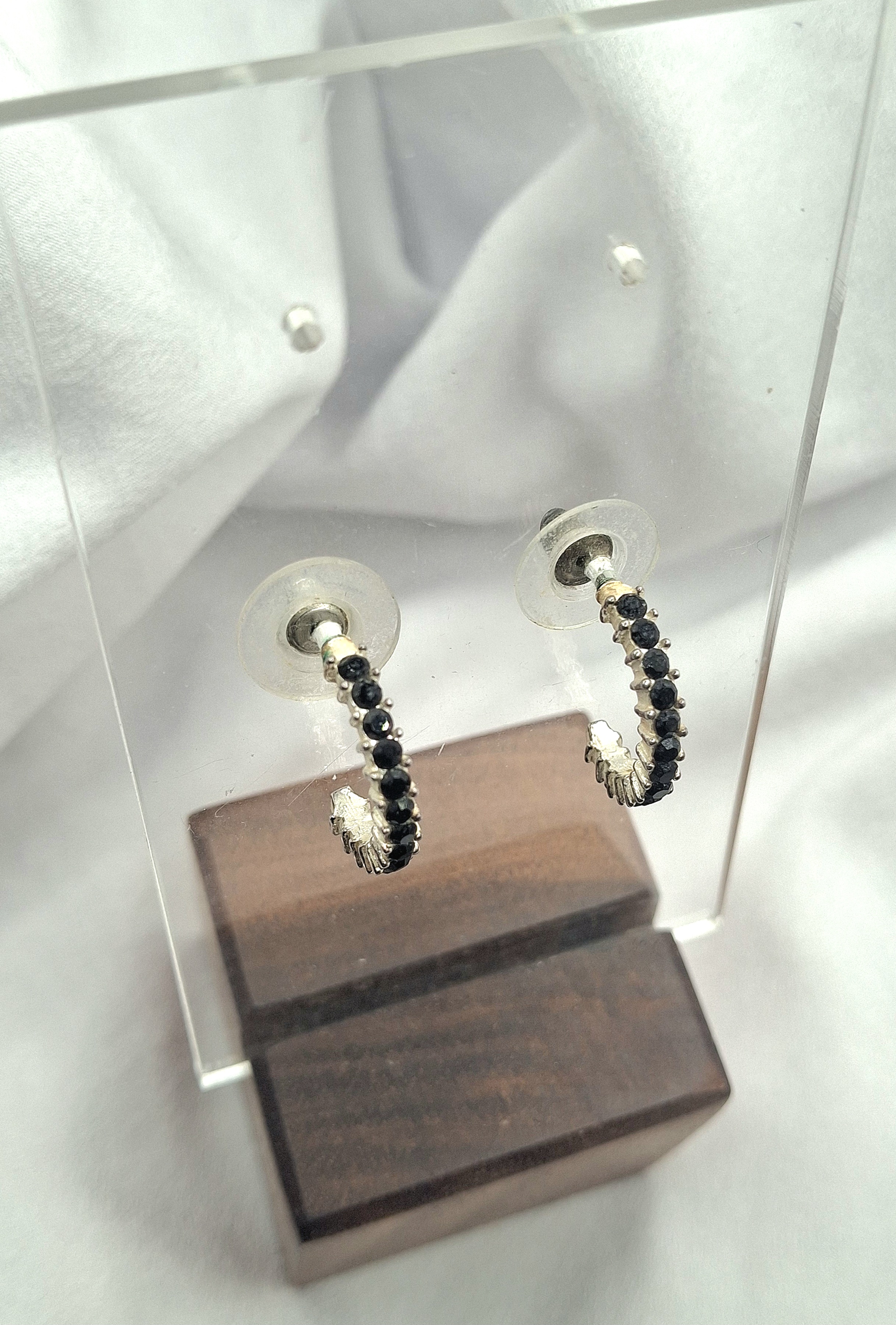 Image 4 for Vintage Silver Black Crystal Half Hoop Post Earrings