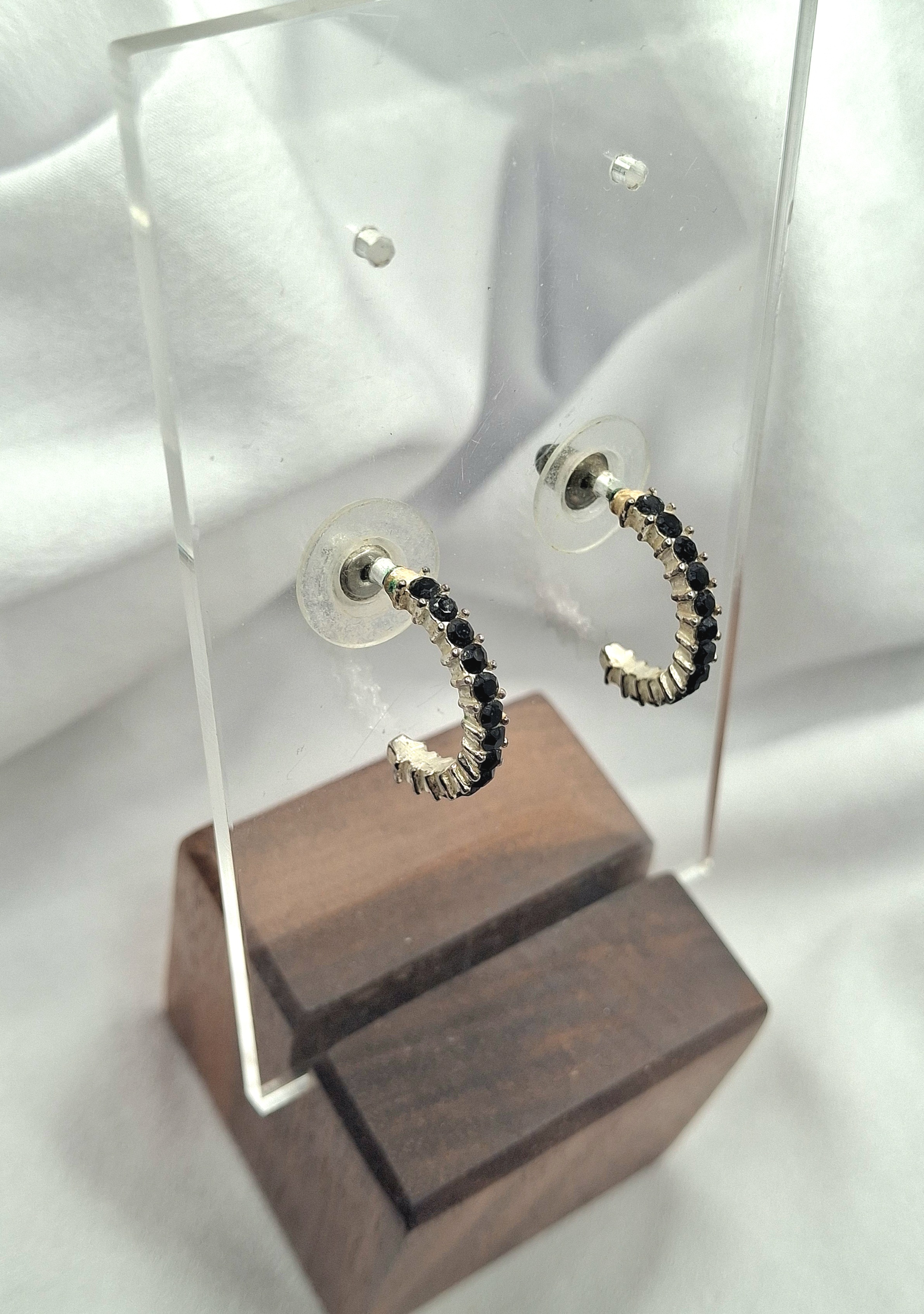 Image 5 for Vintage Silver Black Crystal Half Hoop Post Earrings