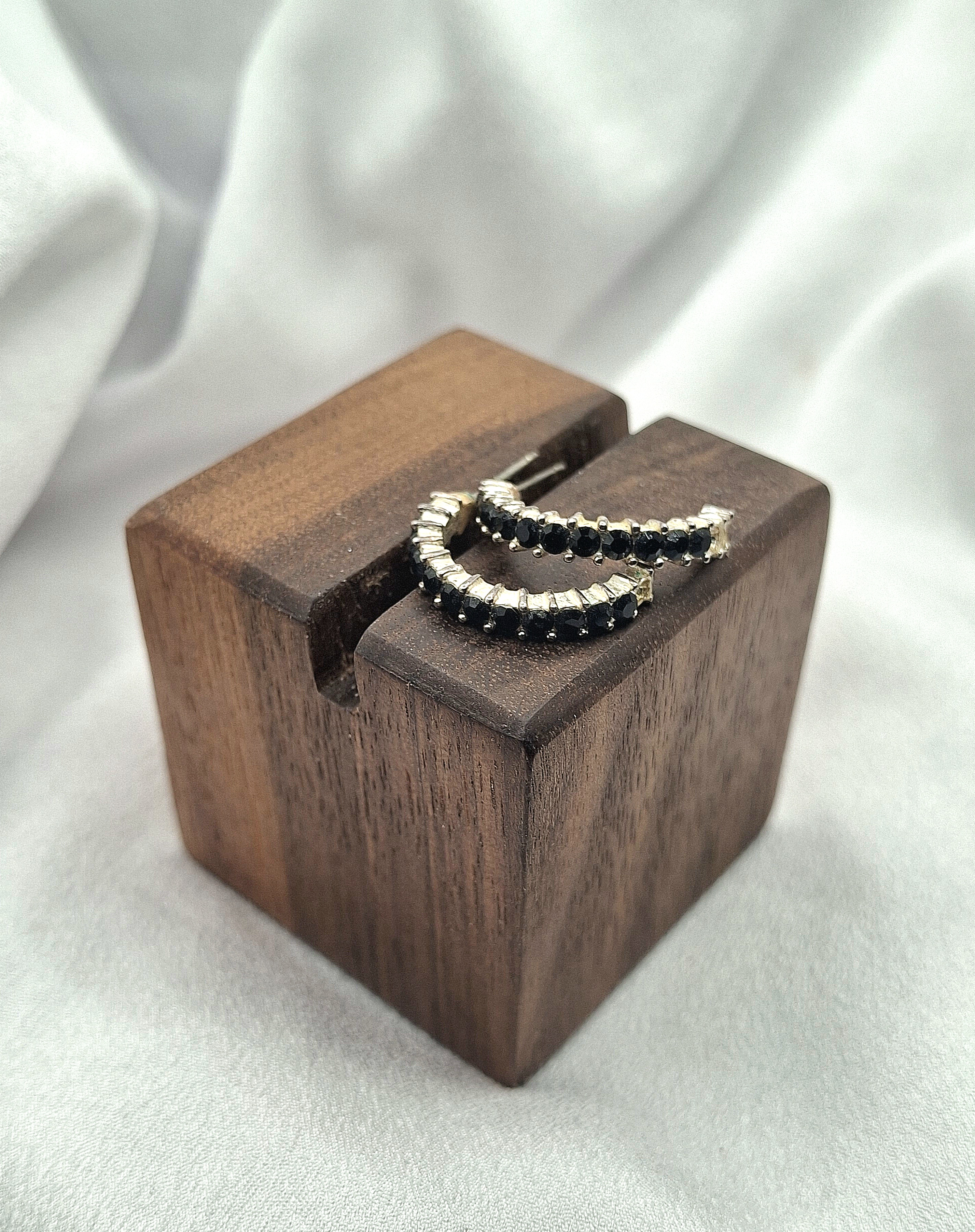 Image 3 for Vintage Silver Black Crystal Half Hoop Post Earrings