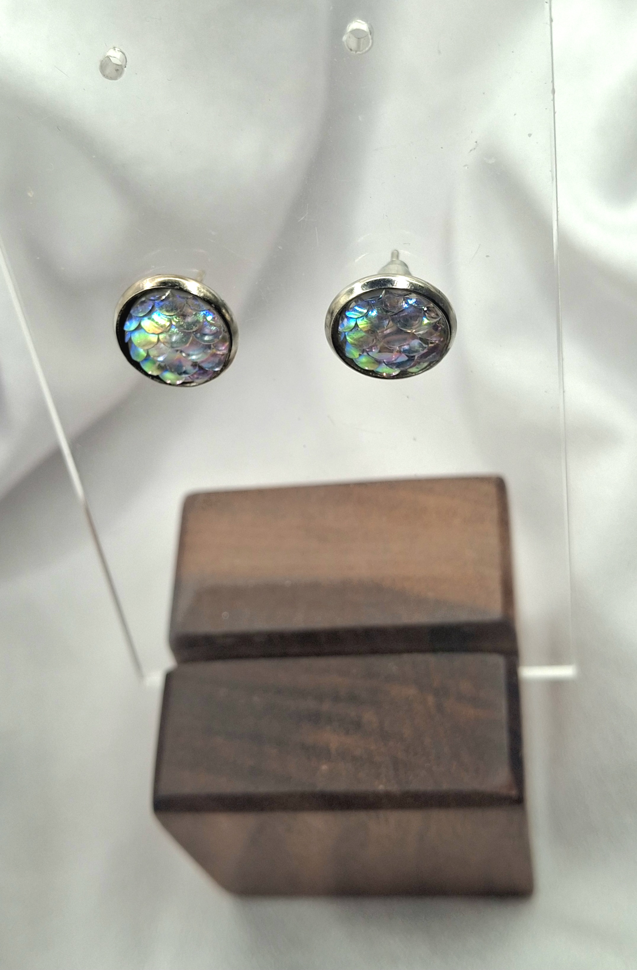 Image 4 for Silver Toned Iridescent Mermaid Fish Scale Stud Earrings