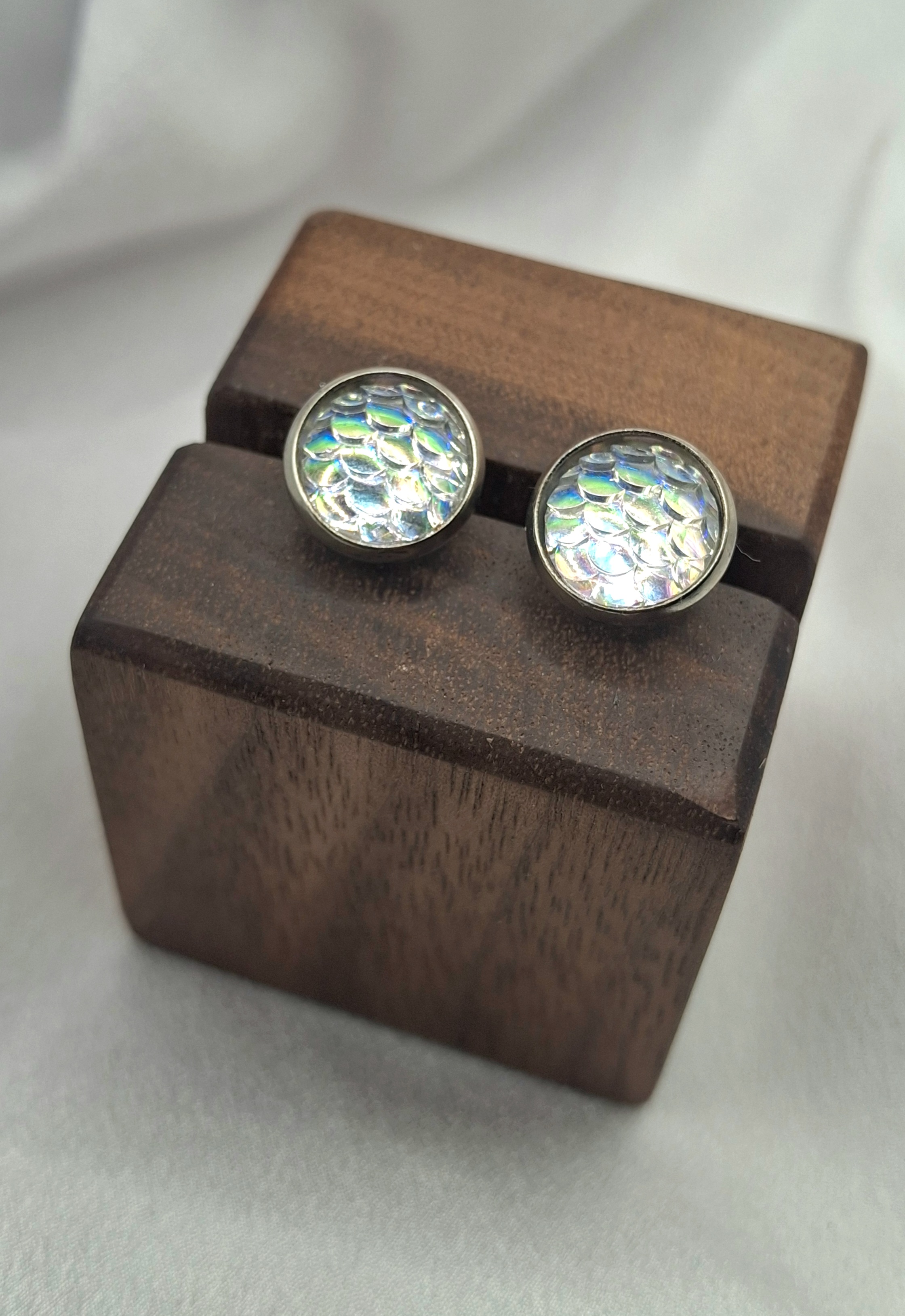 Image 2 for Silver Toned Iridescent Mermaid Fish Scale Stud Earrings