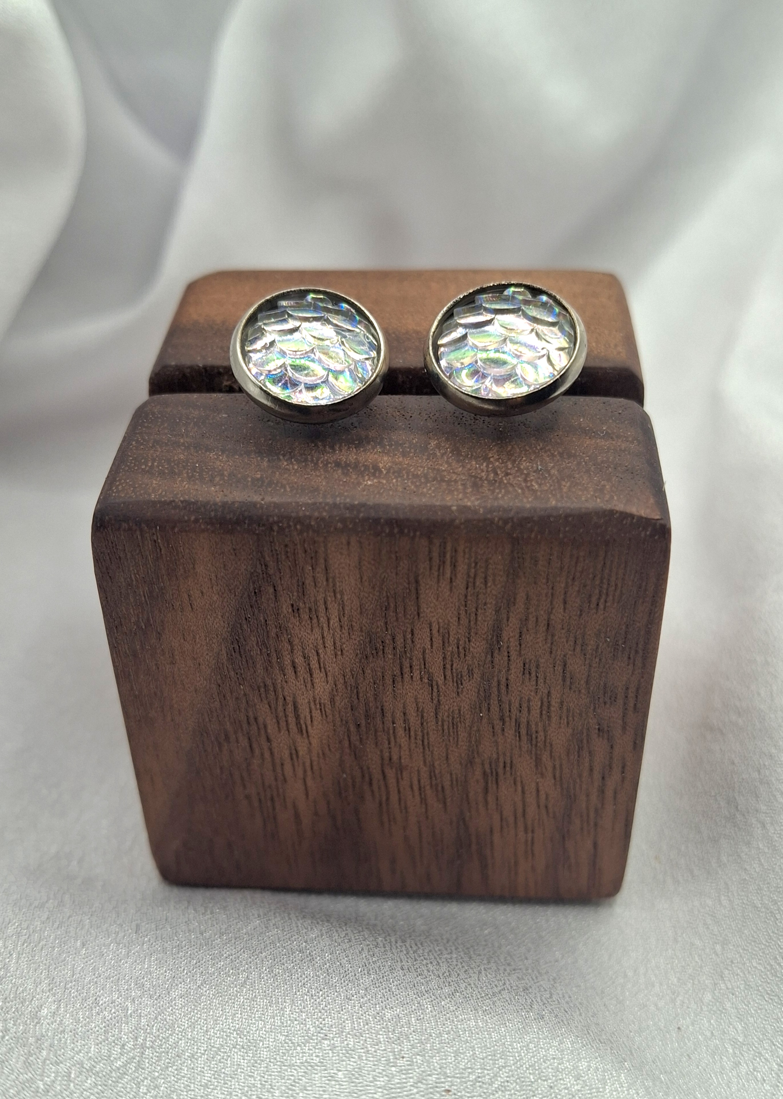 Image 3 for Silver Toned Iridescent Mermaid Fish Scale Stud Earrings