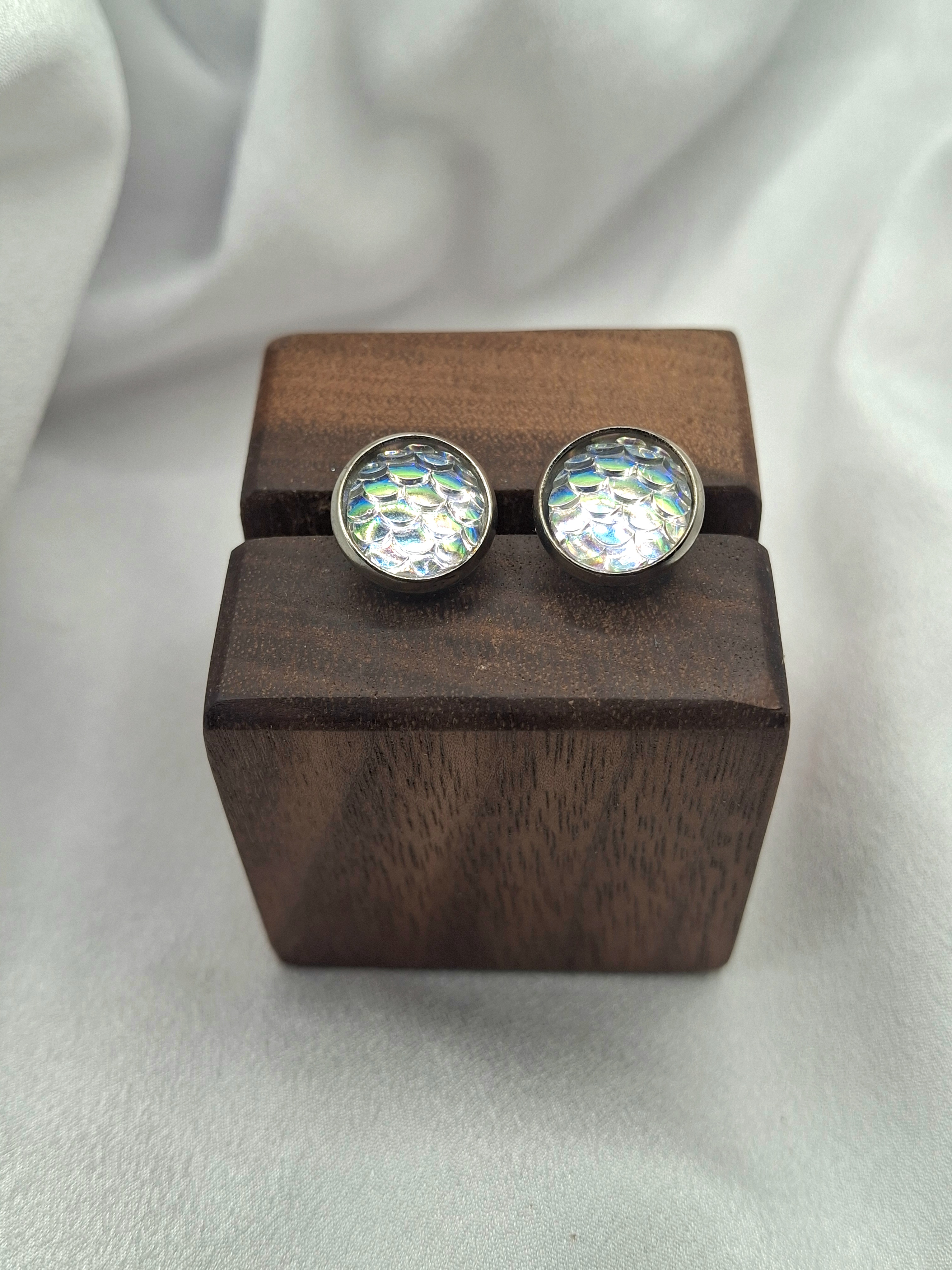 Silver Toned Iridescent Mermaid Fish Scale Stud Earrings