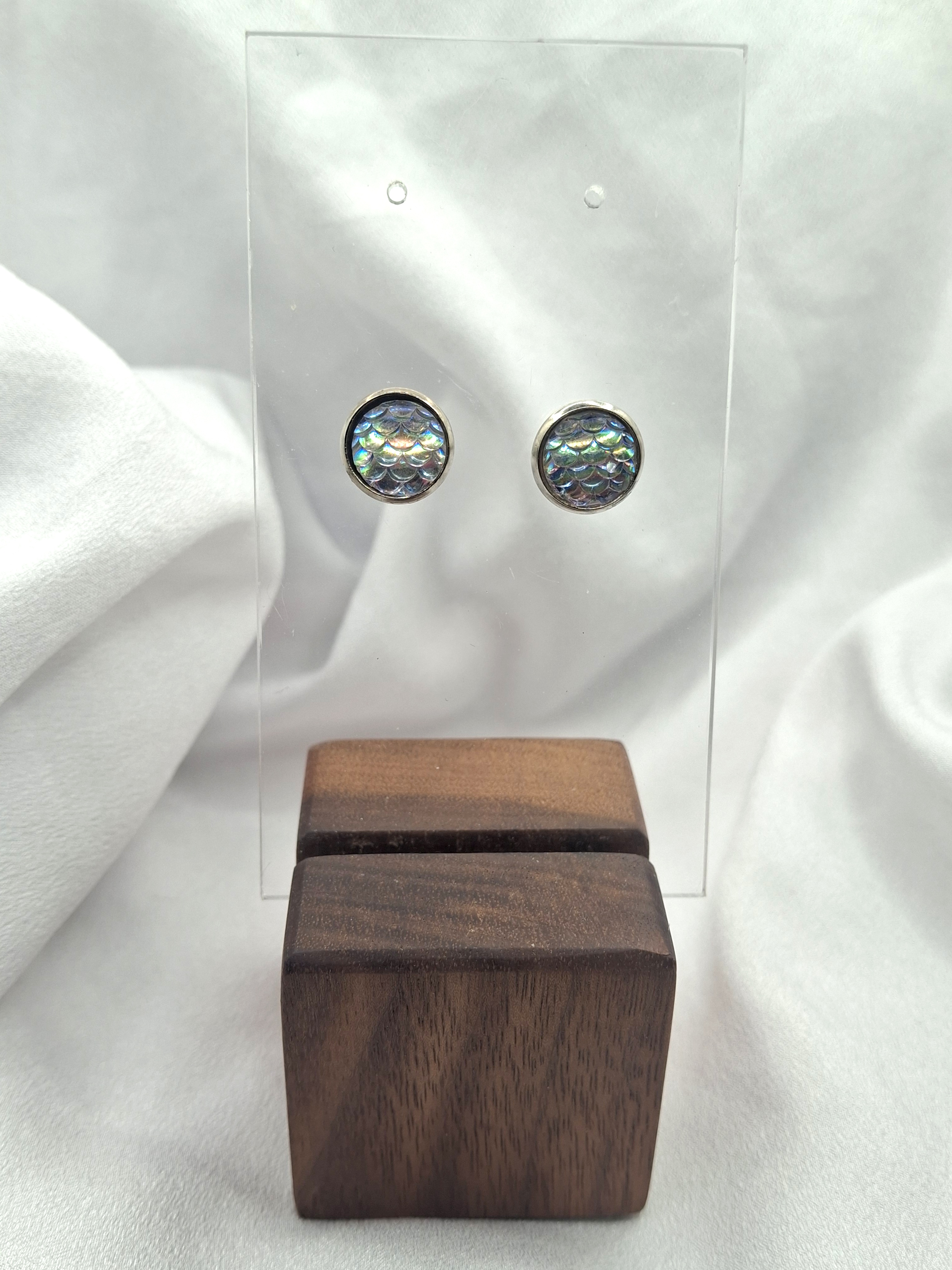 Image 7 for Silver Toned Iridescent Mermaid Fish Scale Stud Earrings