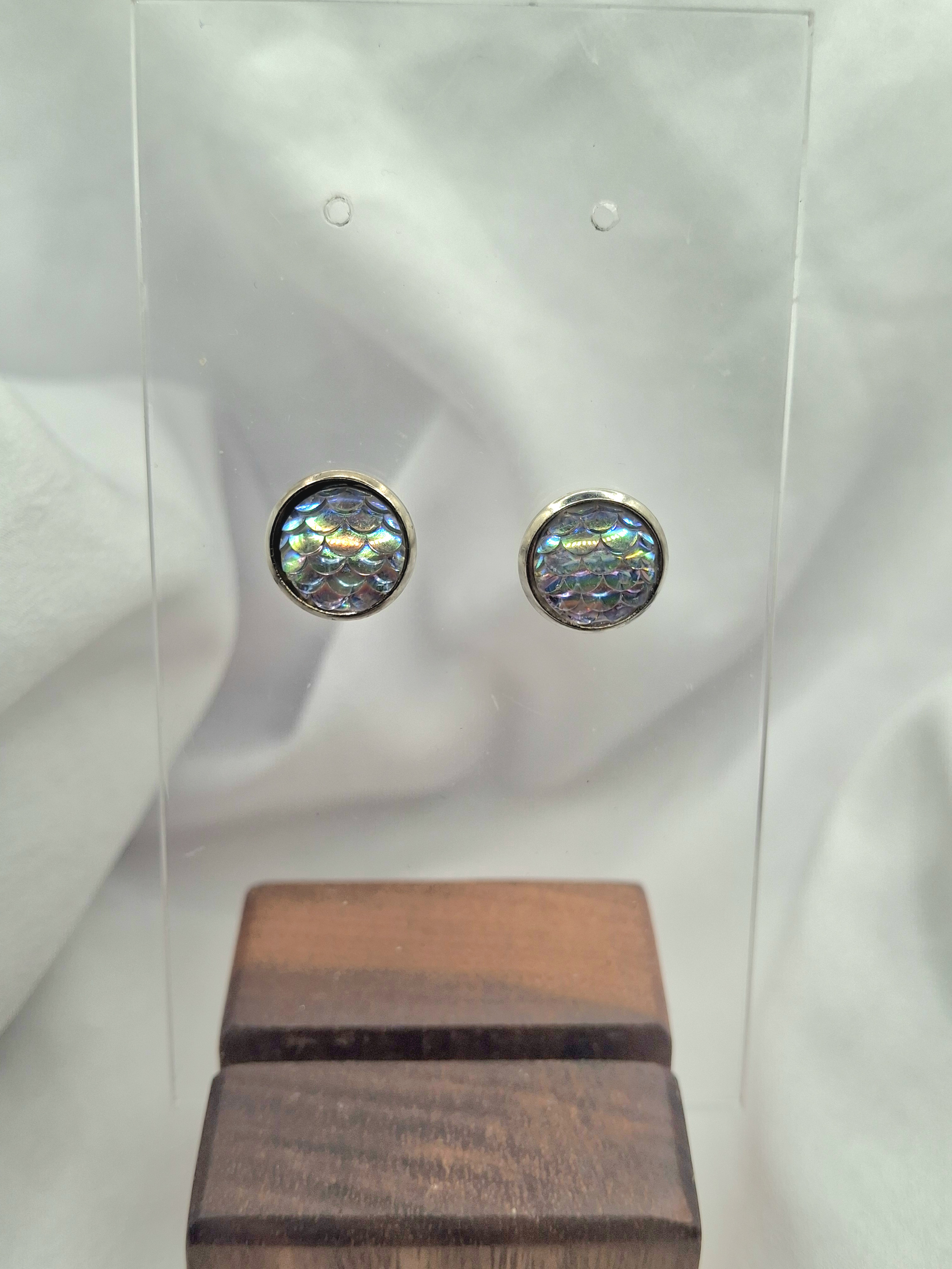 Image 5 for Silver Toned Iridescent Mermaid Fish Scale Stud Earrings