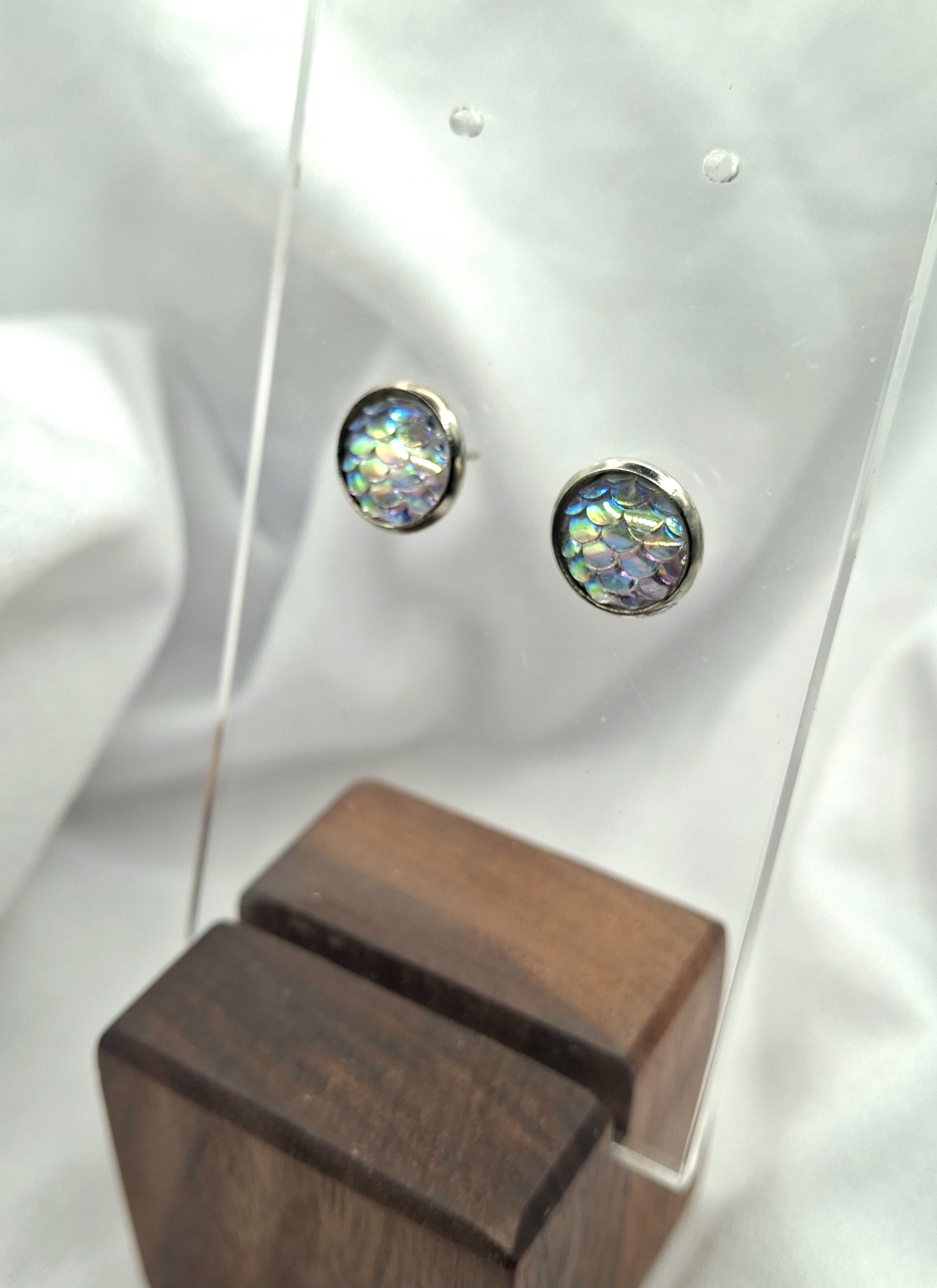 Image 6 for Silver Toned Iridescent Mermaid Fish Scale Stud Earrings