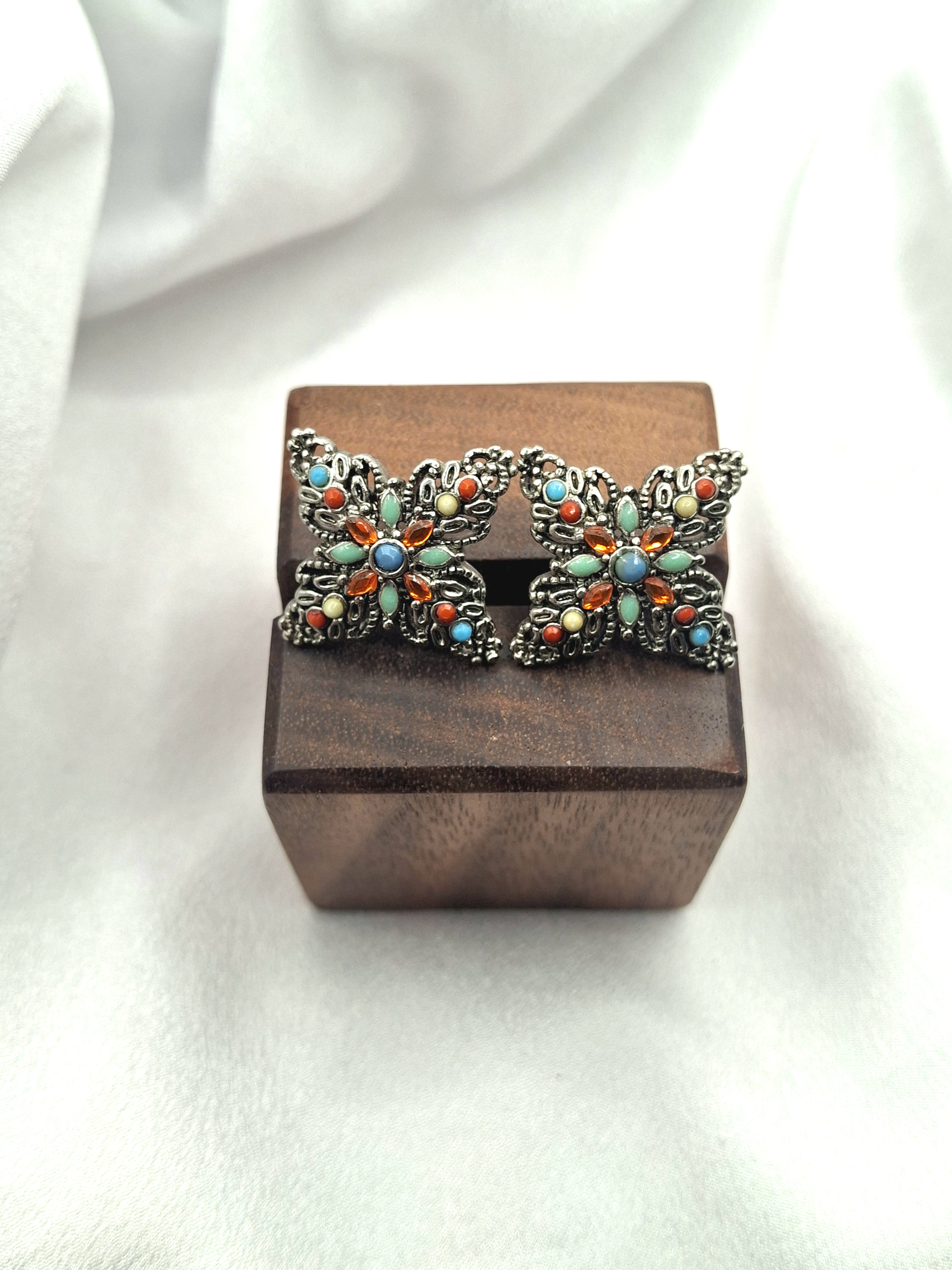 Image 3 for Vintage Western Silver Multi-Gemstone Floral Stud Post Earrings