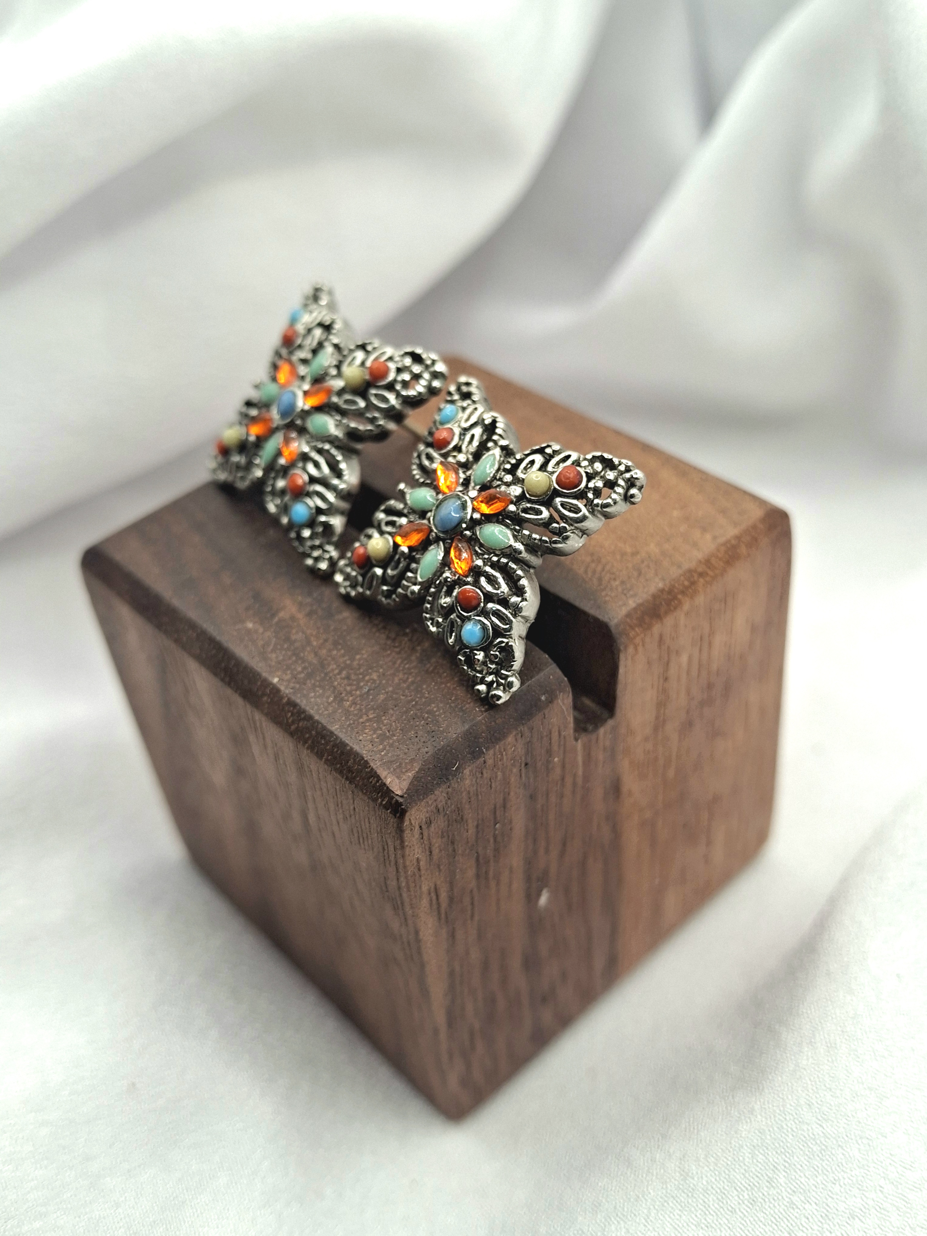 Image 2 for Vintage Western Silver Multi-Gemstone Floral Stud Post Earrings