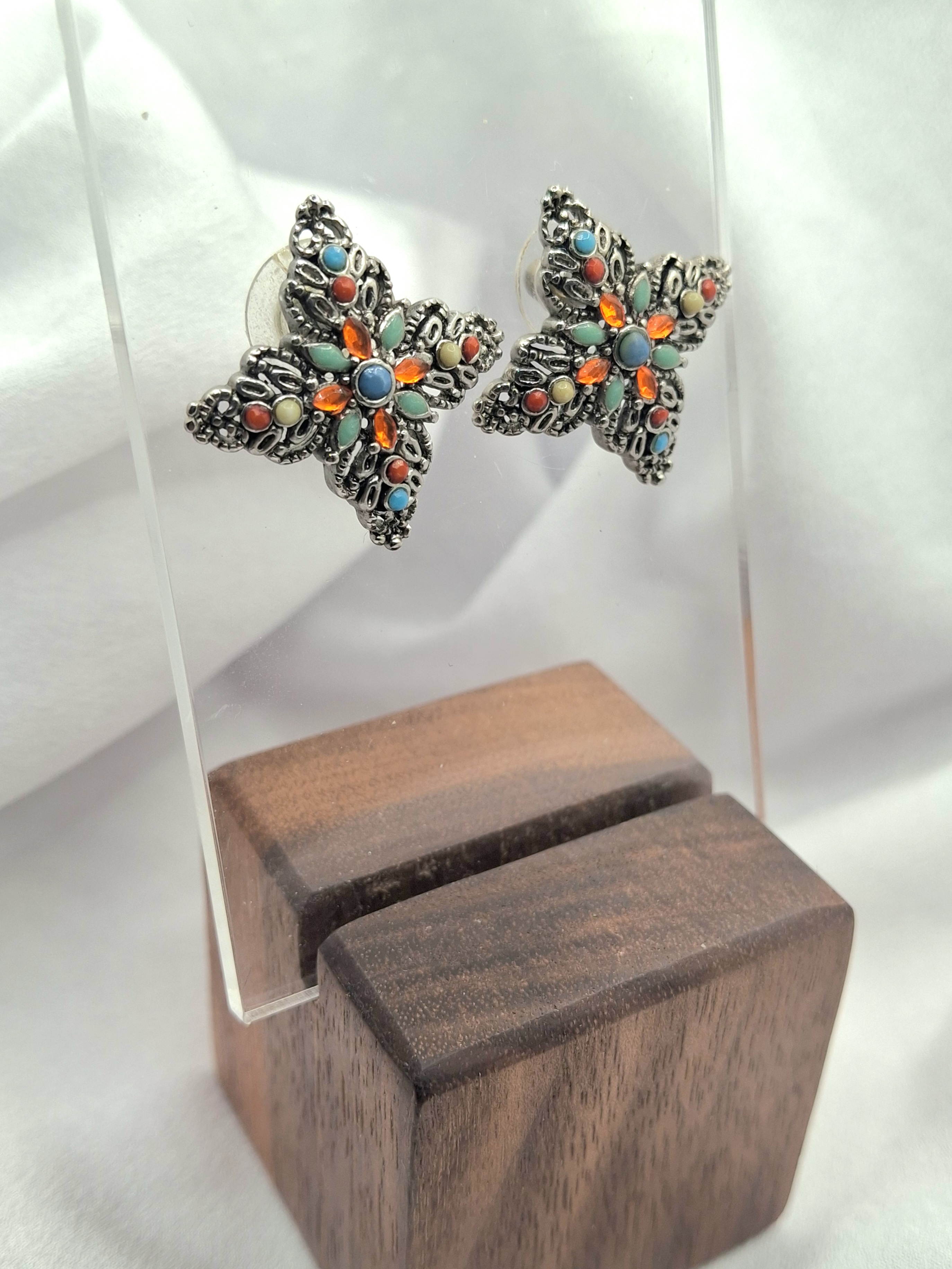 Image 6 for Vintage Western Silver Multi-Gemstone Floral Stud Post Earrings