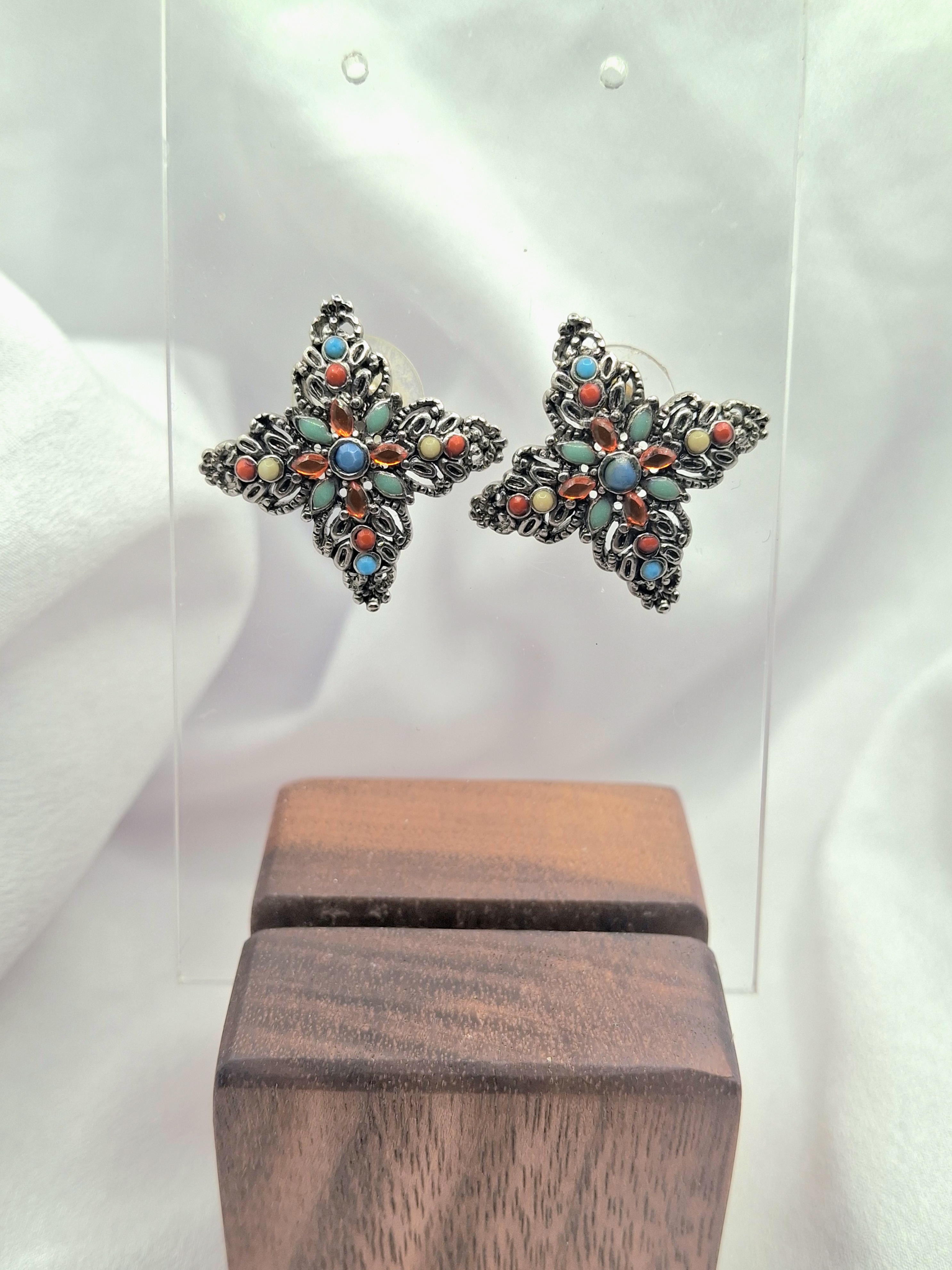 Image 8 for Vintage Western Silver Multi-Gemstone Floral Stud Post Earrings