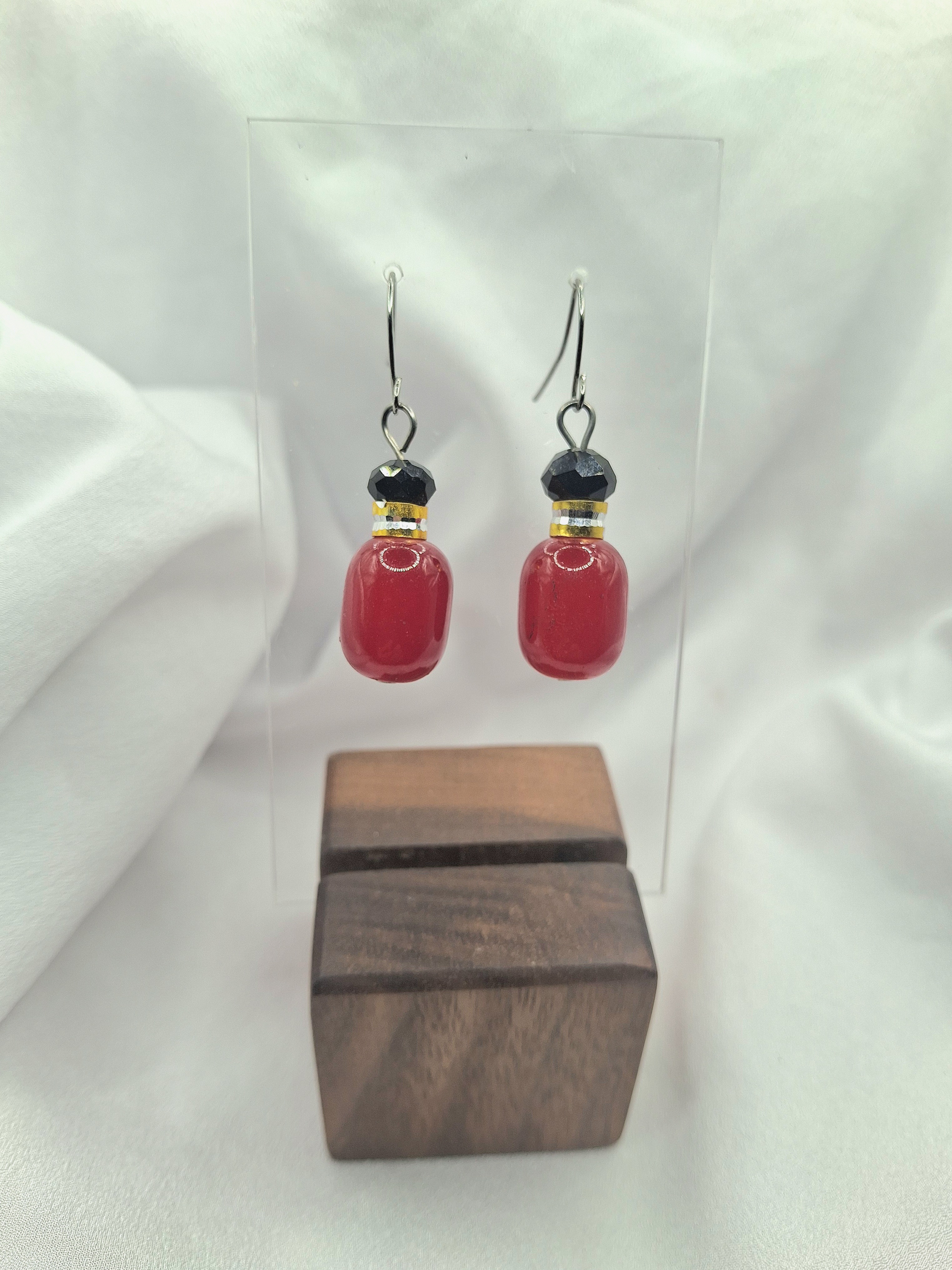 Image 2 for Unique Vintage Red & Black Glass Beaded Dangle Earrings with Gold and Silver Accents