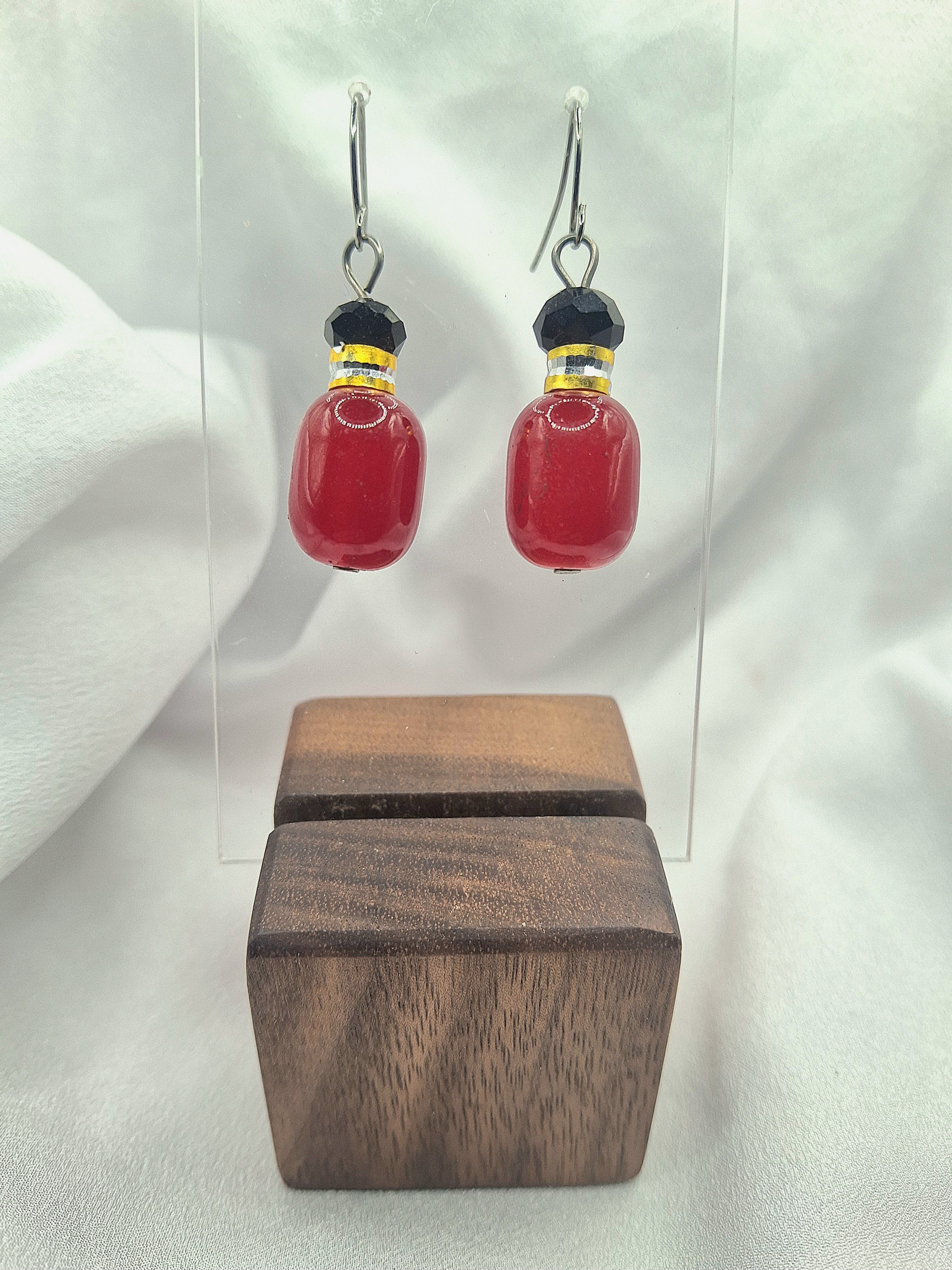 Image 5 for Unique Vintage Red & Black Glass Beaded Dangle Earrings with Gold and Silver Accents