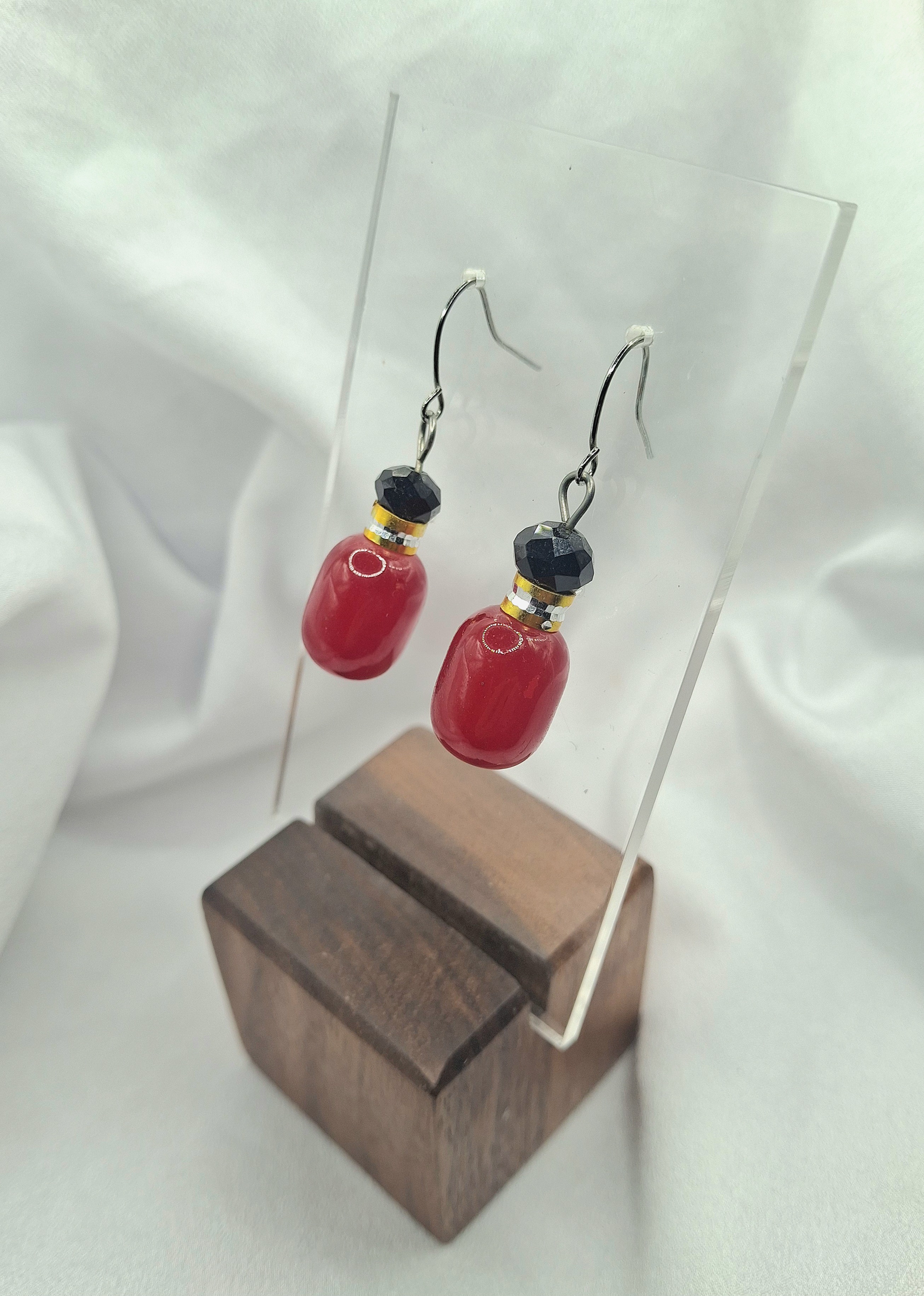 Unique Vintage Red & Black Glass Beaded Dangle Earrings with Gold and Silver Accents