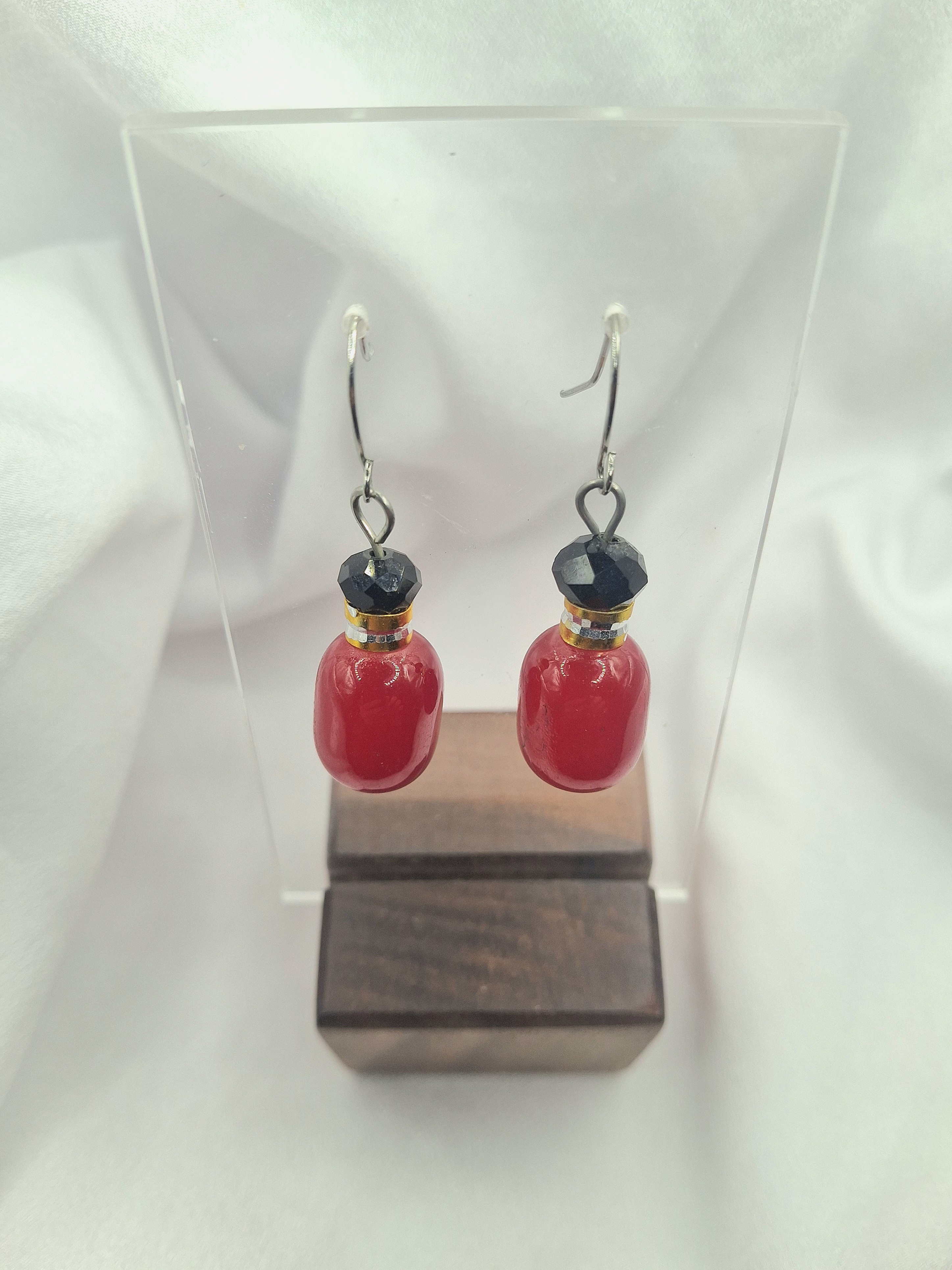 Image 4 for Unique Vintage Red & Black Glass Beaded Dangle Earrings with Gold and Silver Accents